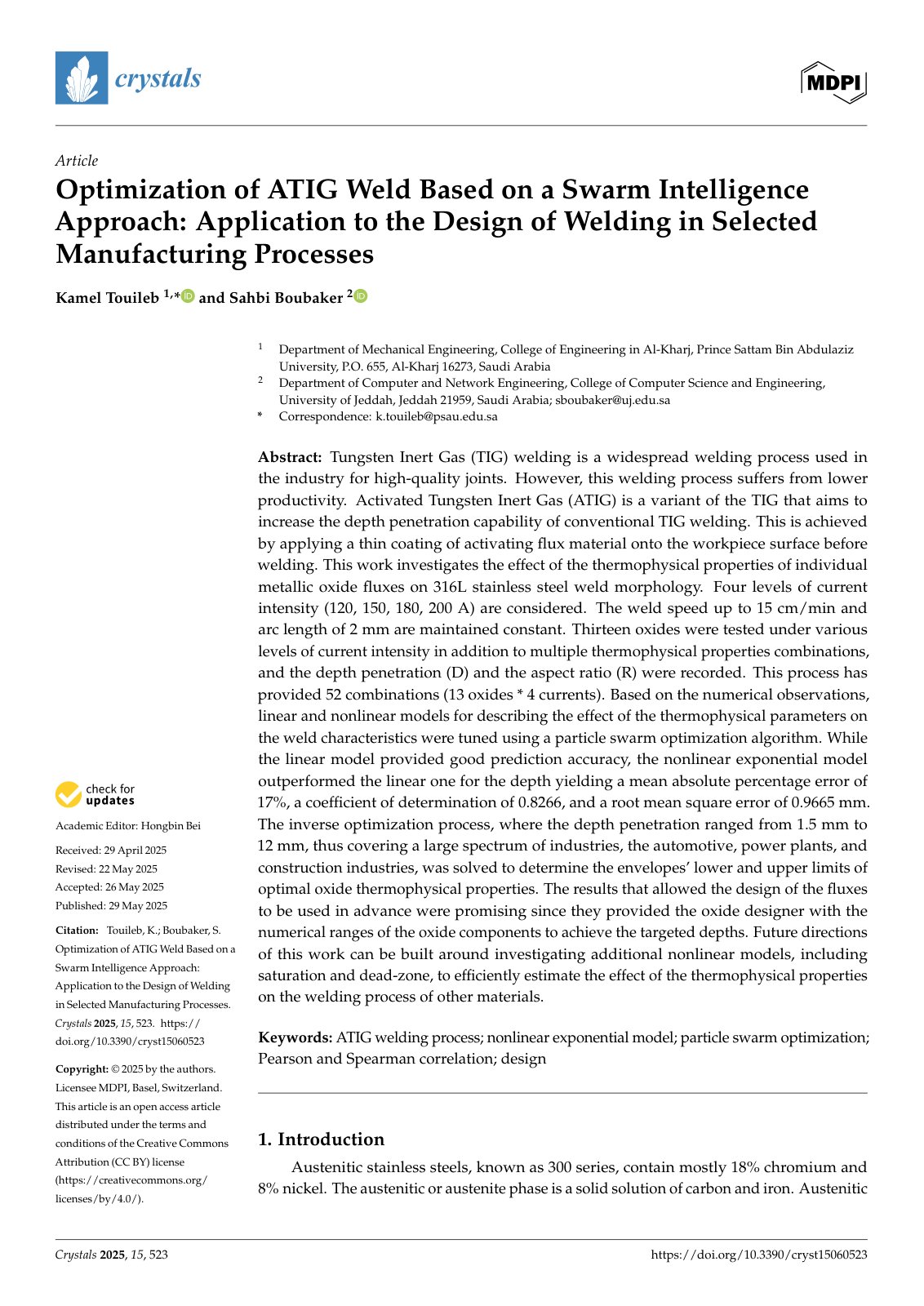 First page of Optimization of ATIG Weld Based on a Swarm Intelligence Approach: Application to the Design of Welding in Selected Manufacturing Processes