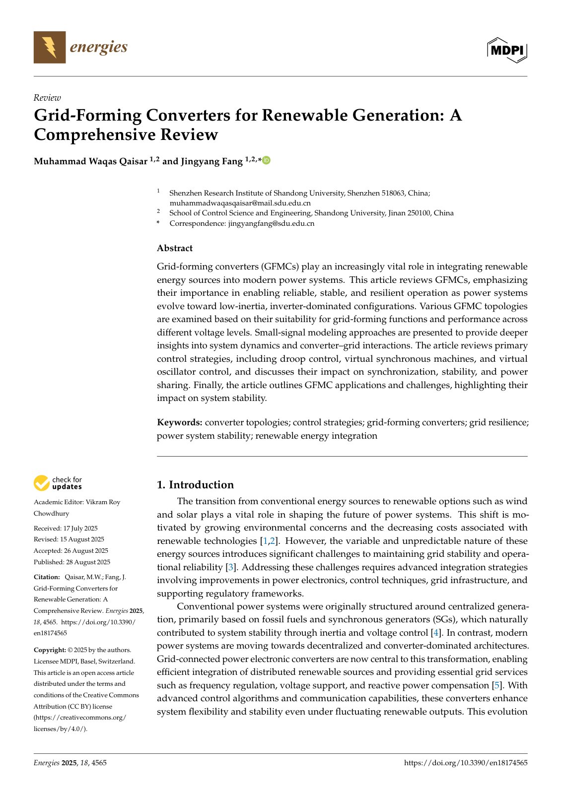 First page of Grid-Forming Converters for Renewable Generation: A Comprehensive Review