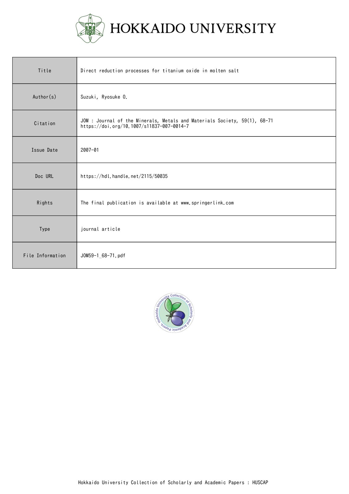 First page of Direct reduction processes for titanium oxide in molten salt