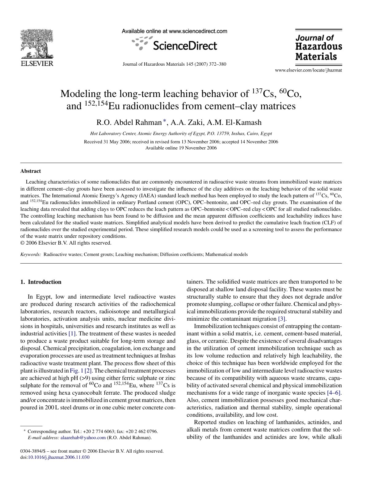 First page of Modeling the long-term leaching behavior of 137Cs, 60Co, and 152,154Eu radionuclides from cement–clay matrices