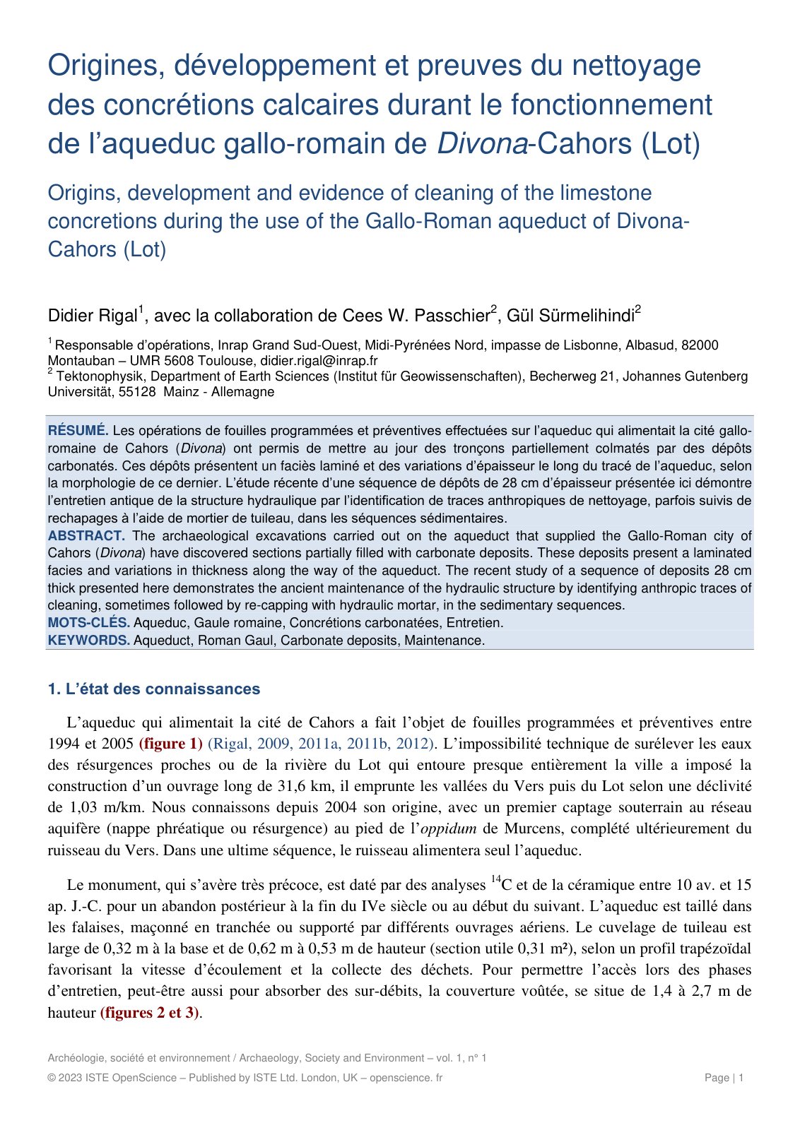First page of Origines, développement et preuves du nettoyage des concrétions calcaires durant le fonctionnement de l’aqueduc gallo-romain de Divona-Cahors (Lot)