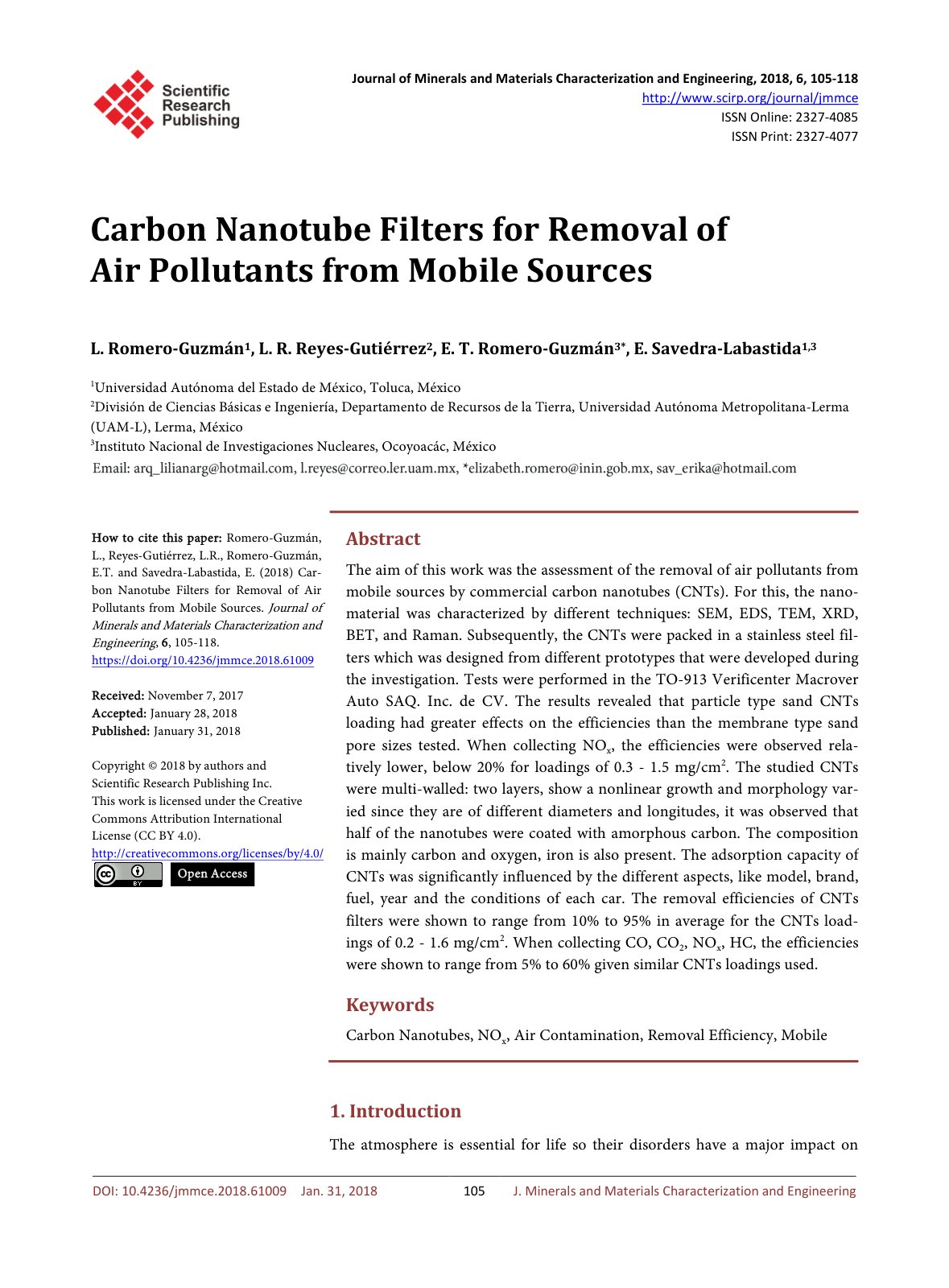 First page of Carbon Nanotube Filters for Removal of Air Pollutants from Mobile Sources