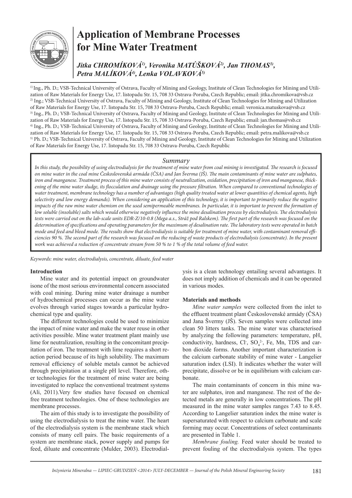 First page of Application of Membrane Processes for Mine Water Treatment