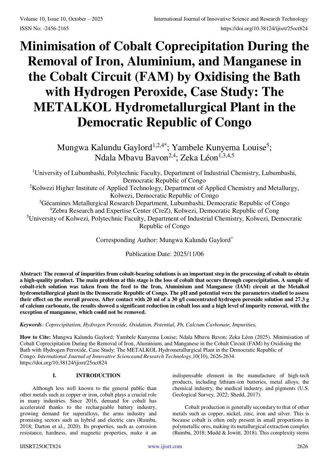 First page of Minimisation of Cobalt Coprecipitation During the Removal of Iron, Aluminium, and Manganese in the Cobalt Circuit (FAM) by Oxidising the Bath with Hydrogen Peroxide, Case Study: The METALKOL Hydrometallurgical Plant in the Democratic Republic of Congo