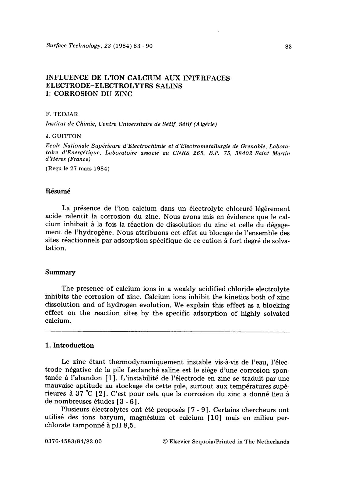 First page of Influence de lion calcium aux interfaces