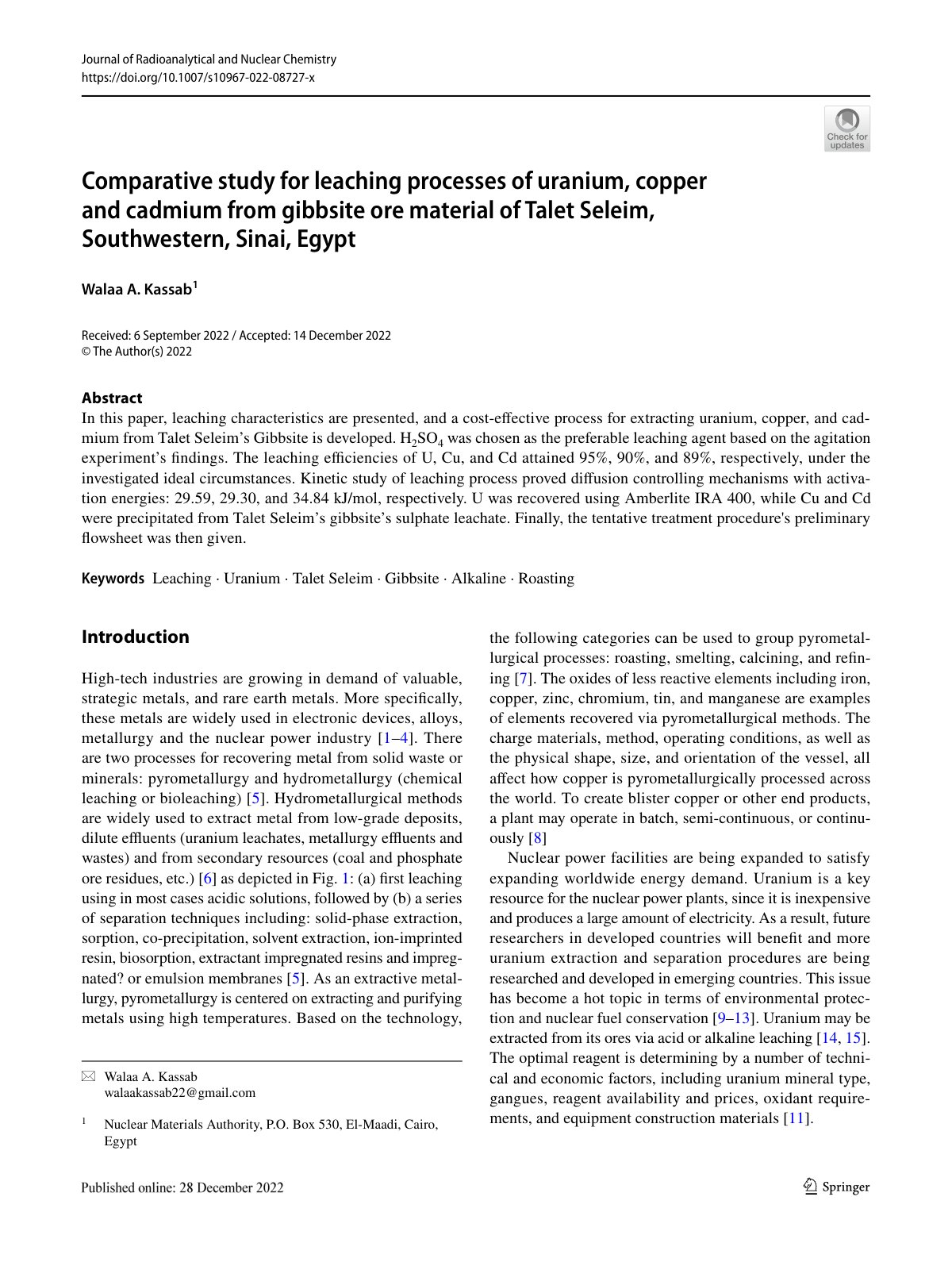 First page of Comparative study for leaching processes