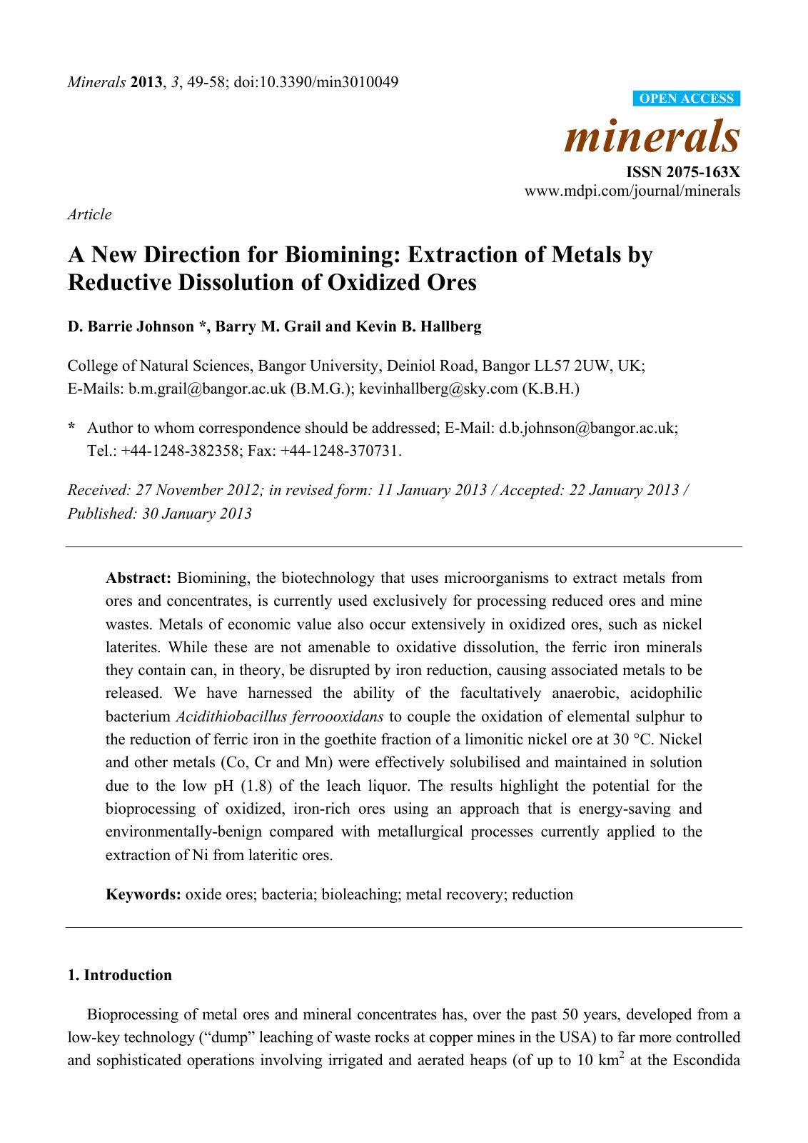 First page of A New Direction for Biomining Extraction