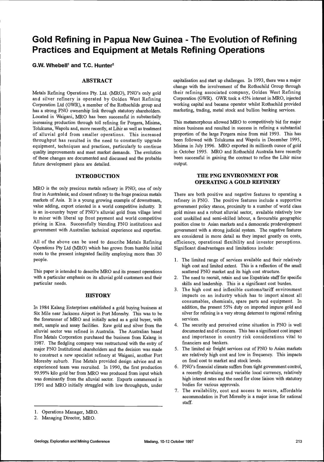 First page of Gold Refining in Papua New Guinea   The Evolution of Refining Practices and Equipment at Metals Refining Operations