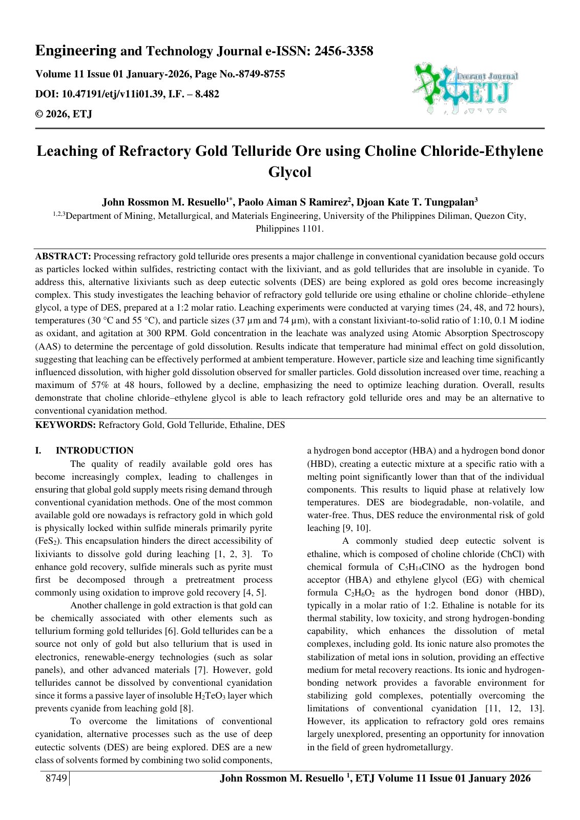 First page of Leaching of Refractory Gold Telluride Ore using Choline Chloride-Ethylene  Glycol  