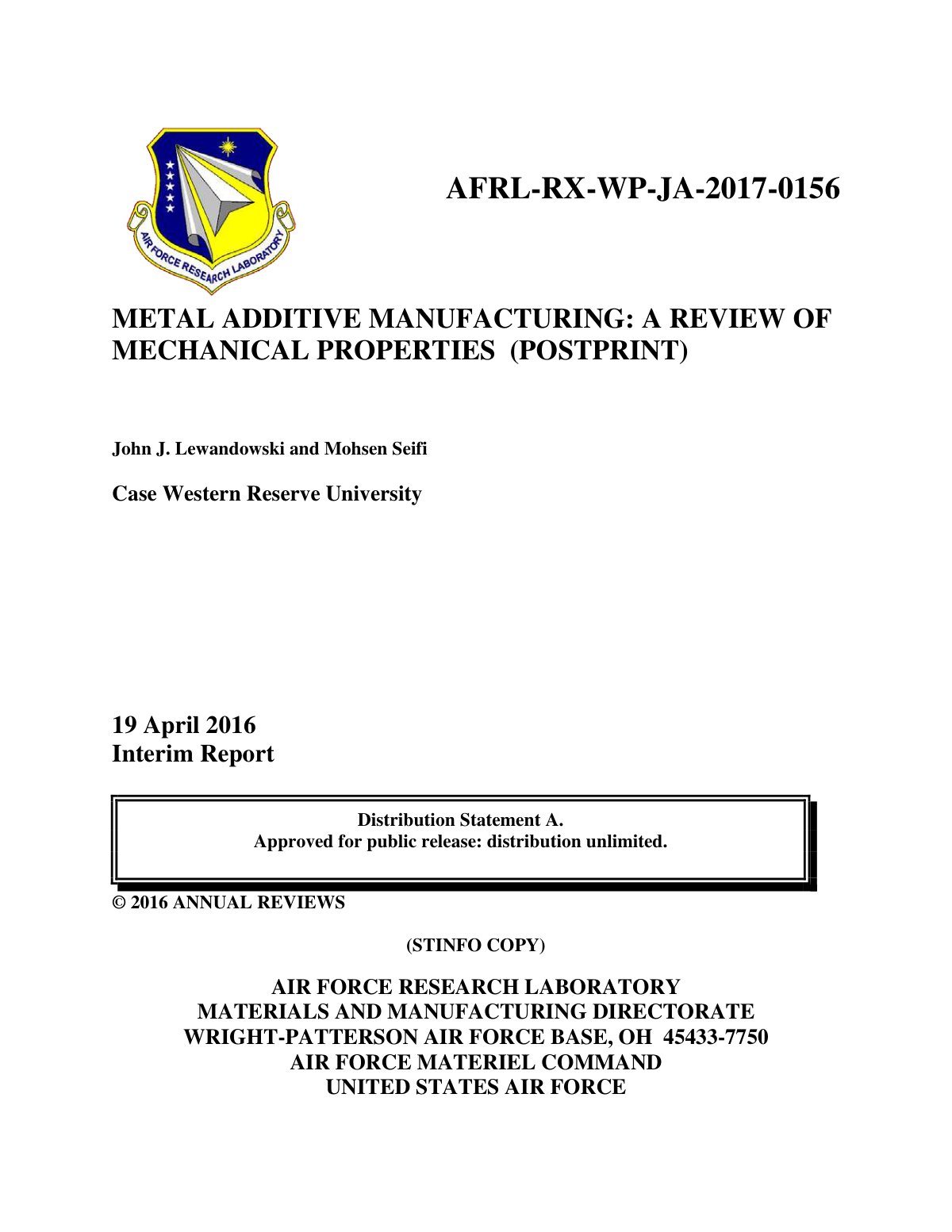 First page of METAL ADDITIVE MANUFACTURING: A REVIEW OF MECHANICAL PROPERTIES (POSTPRINT)