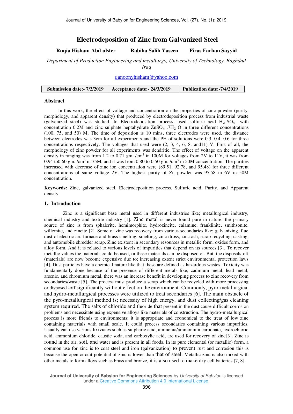 First page of Electrodeposition of Zinc from Galvanize