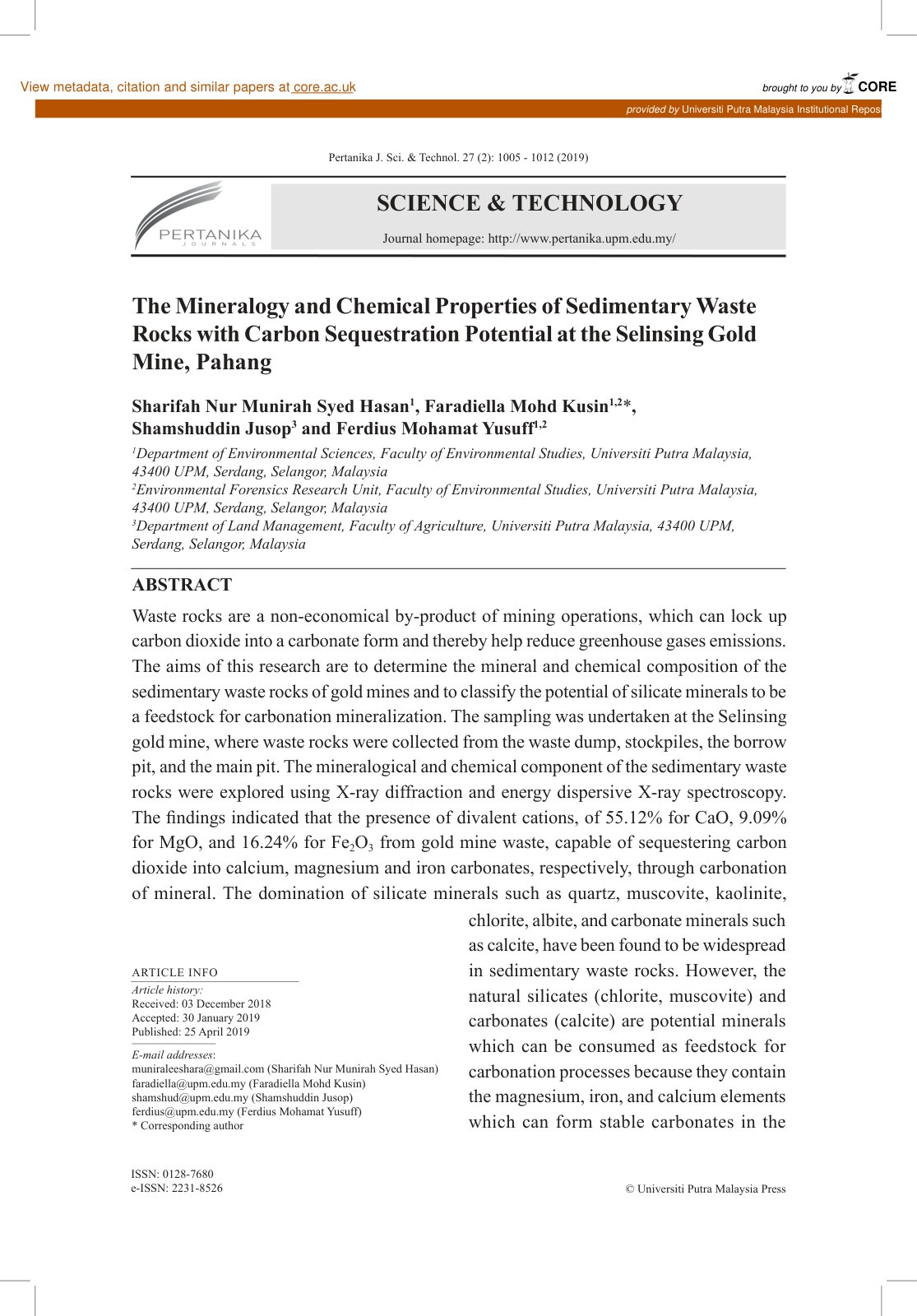 First page of The Mineralogy and Chemical Properties of Sedimentary Waste Rocks with Carbon Sequestration Potential at the Selinsing Gold Mine, Pahang
