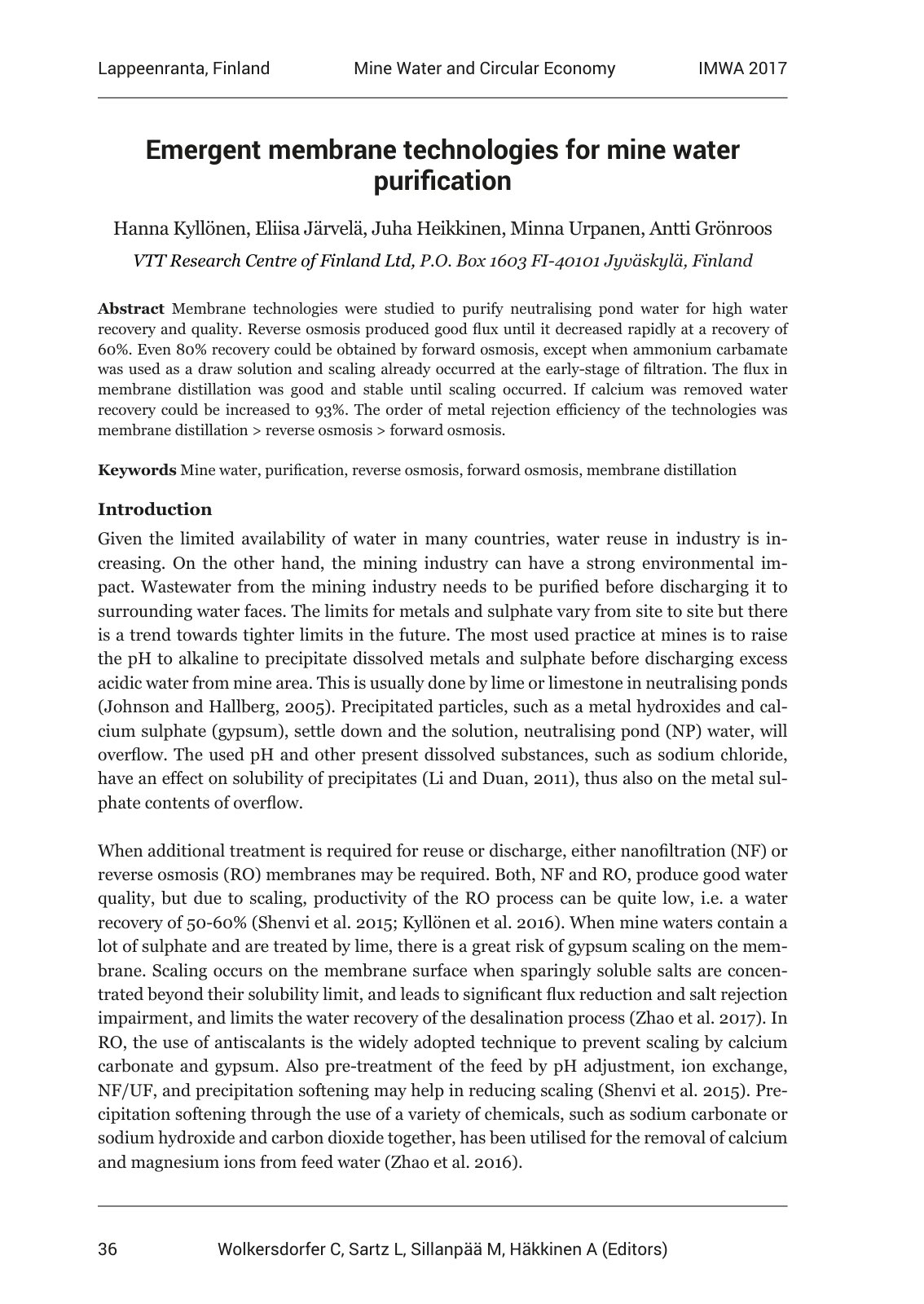 First page of Emergent membrane technologies for mine water purification