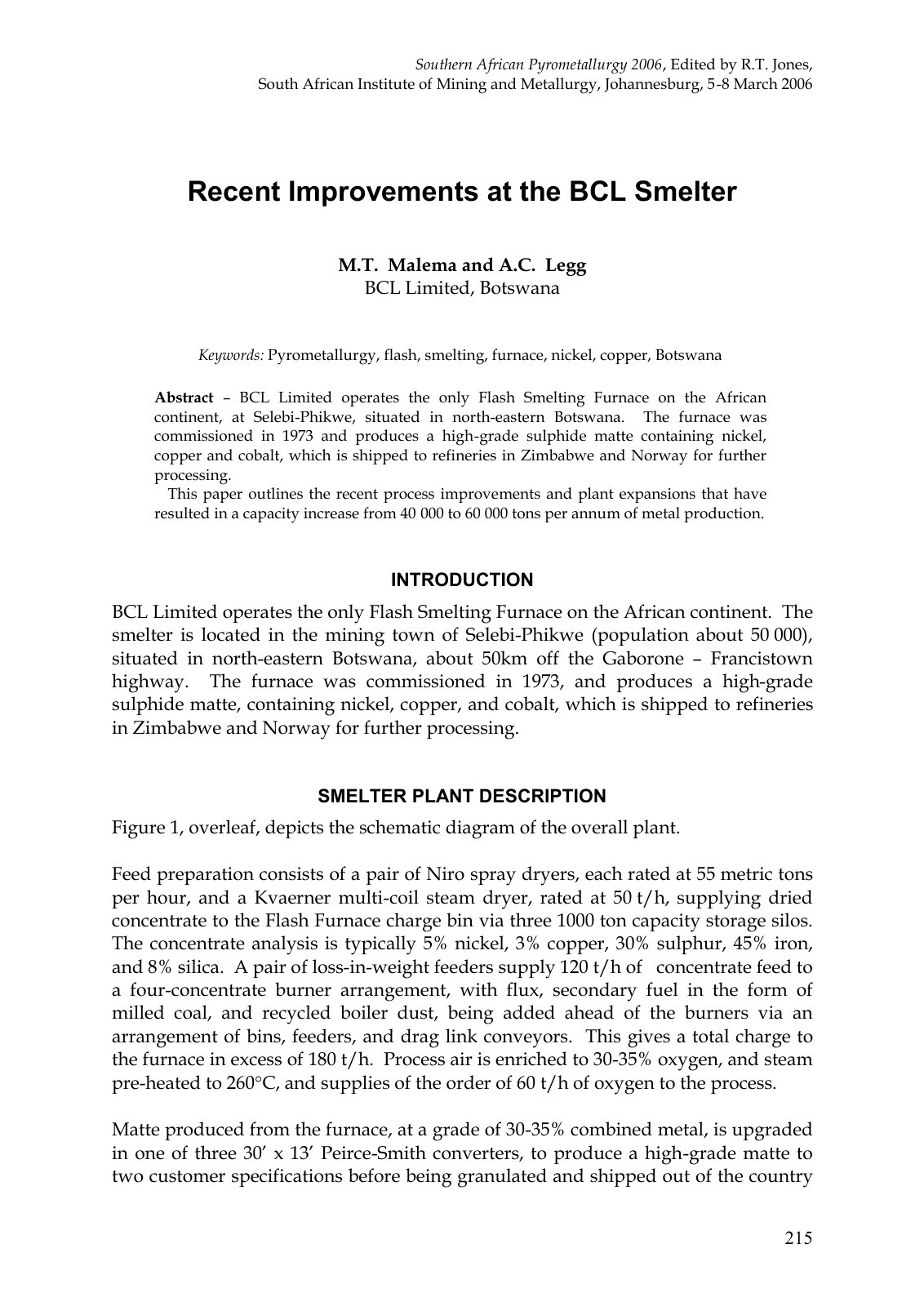 First page of Recent Improvements at the BCL Smelter