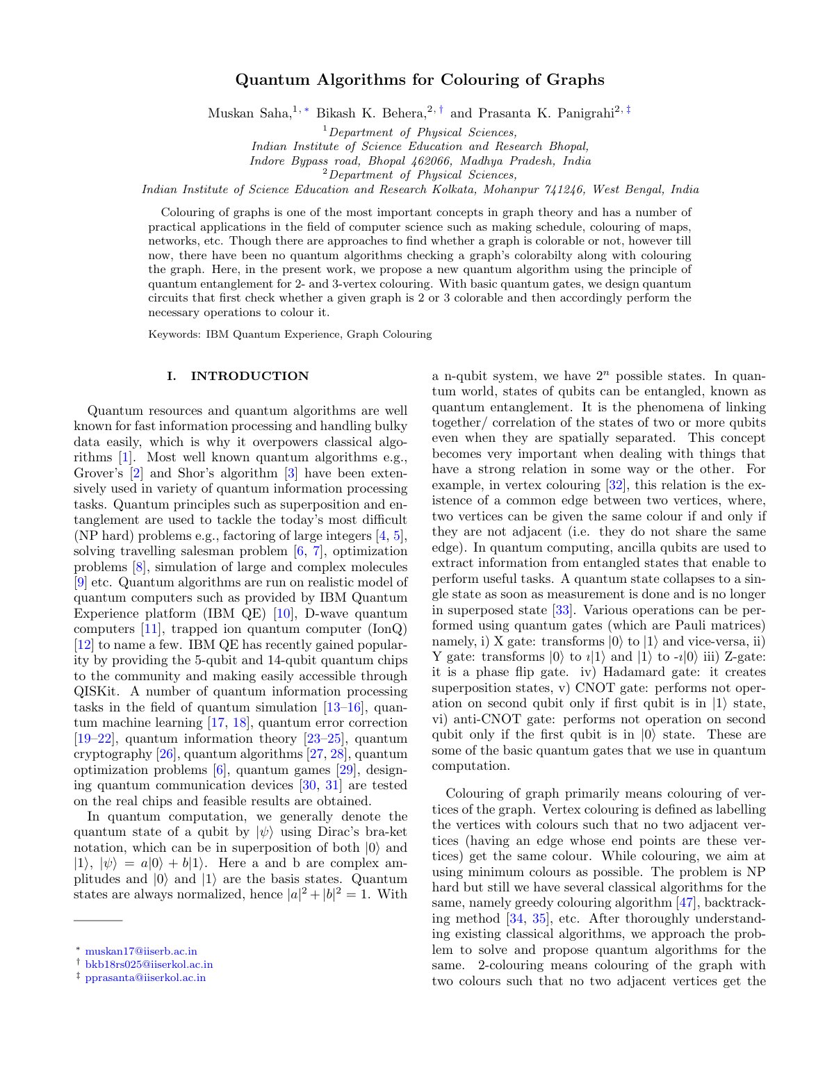 First page of Quantum Algorithms for Colouring of Graphs