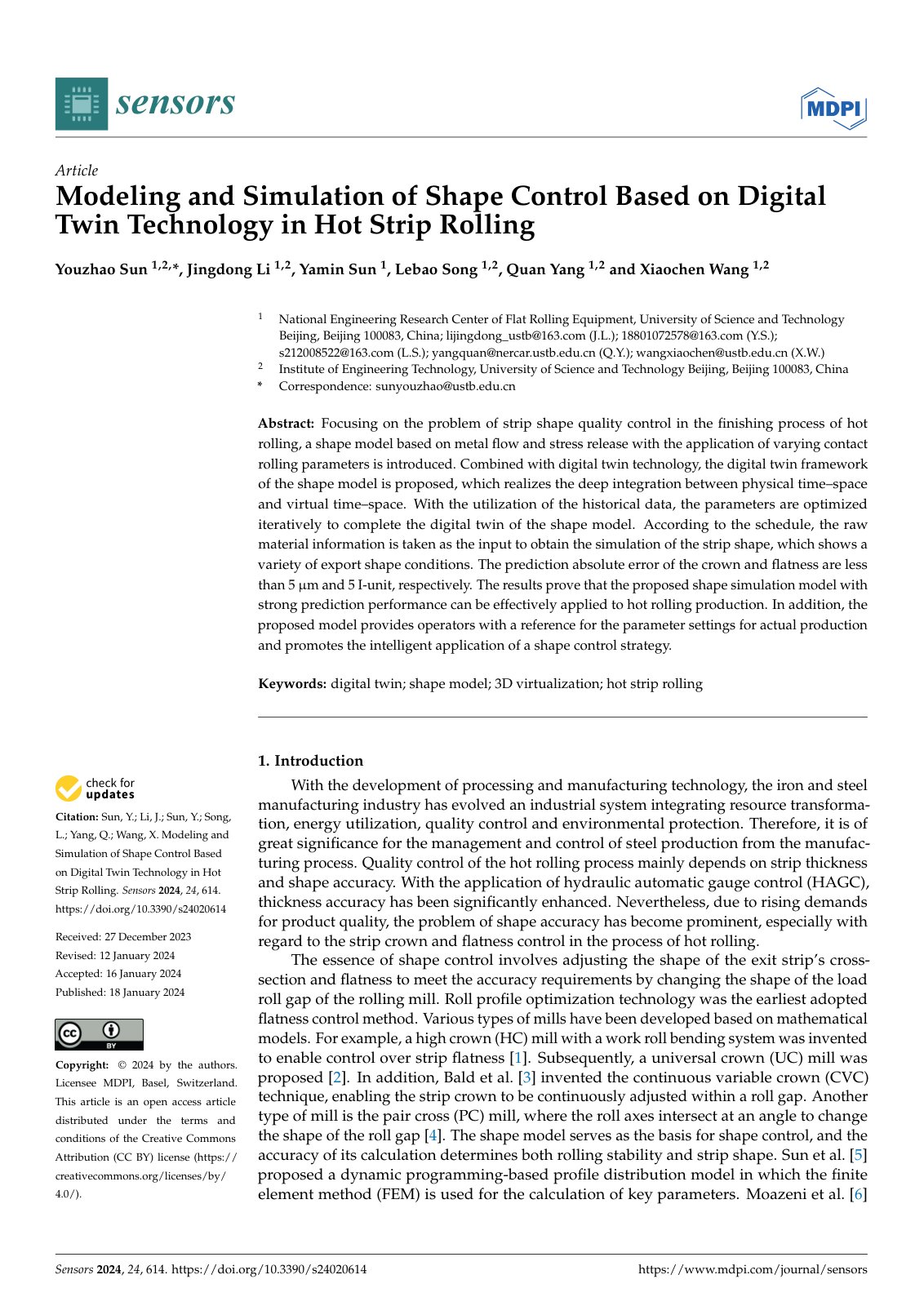 First page of Modeling and Simulation of Shape Control Based on Digital Twin Technology in Hot Strip Rolling