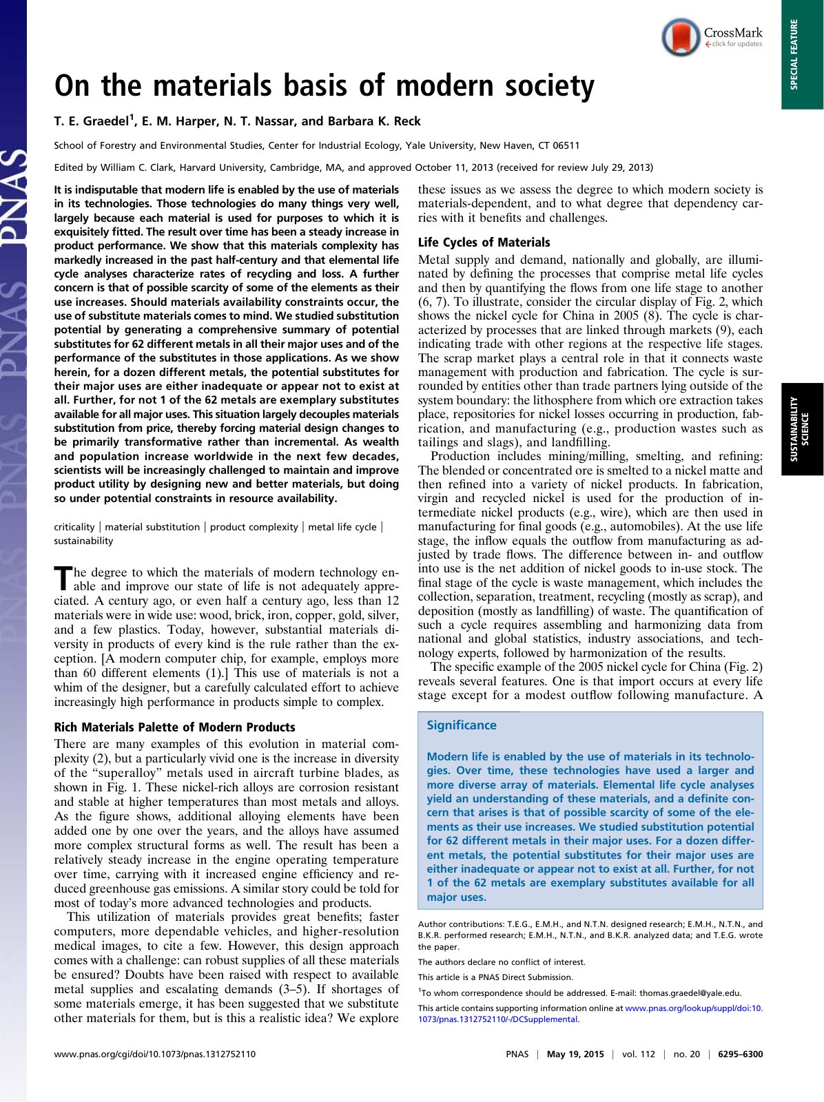 First page of PNAS 2015 Graedel 6295 300