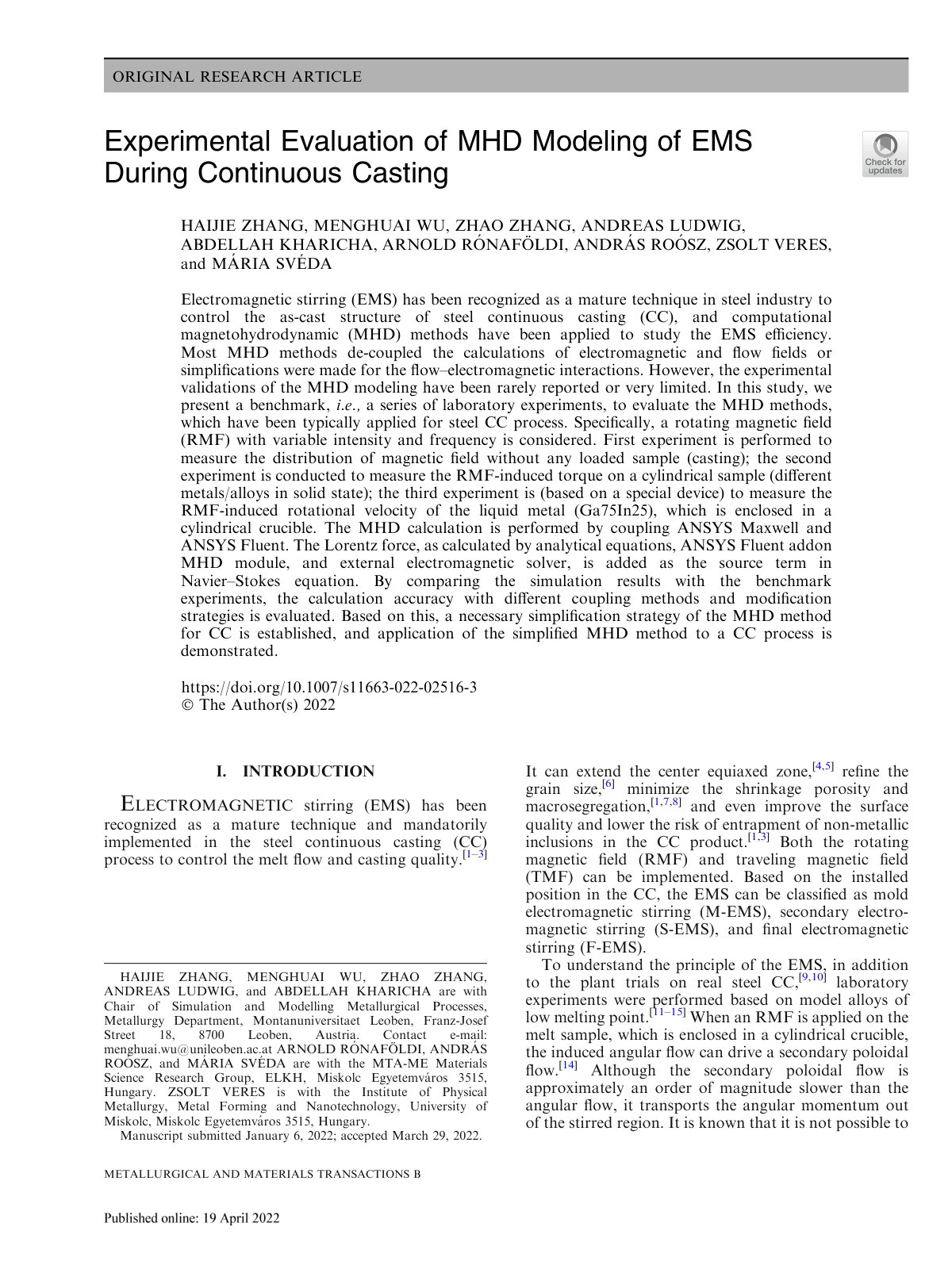 First page of Experimental Evaluation of MHD Modeling