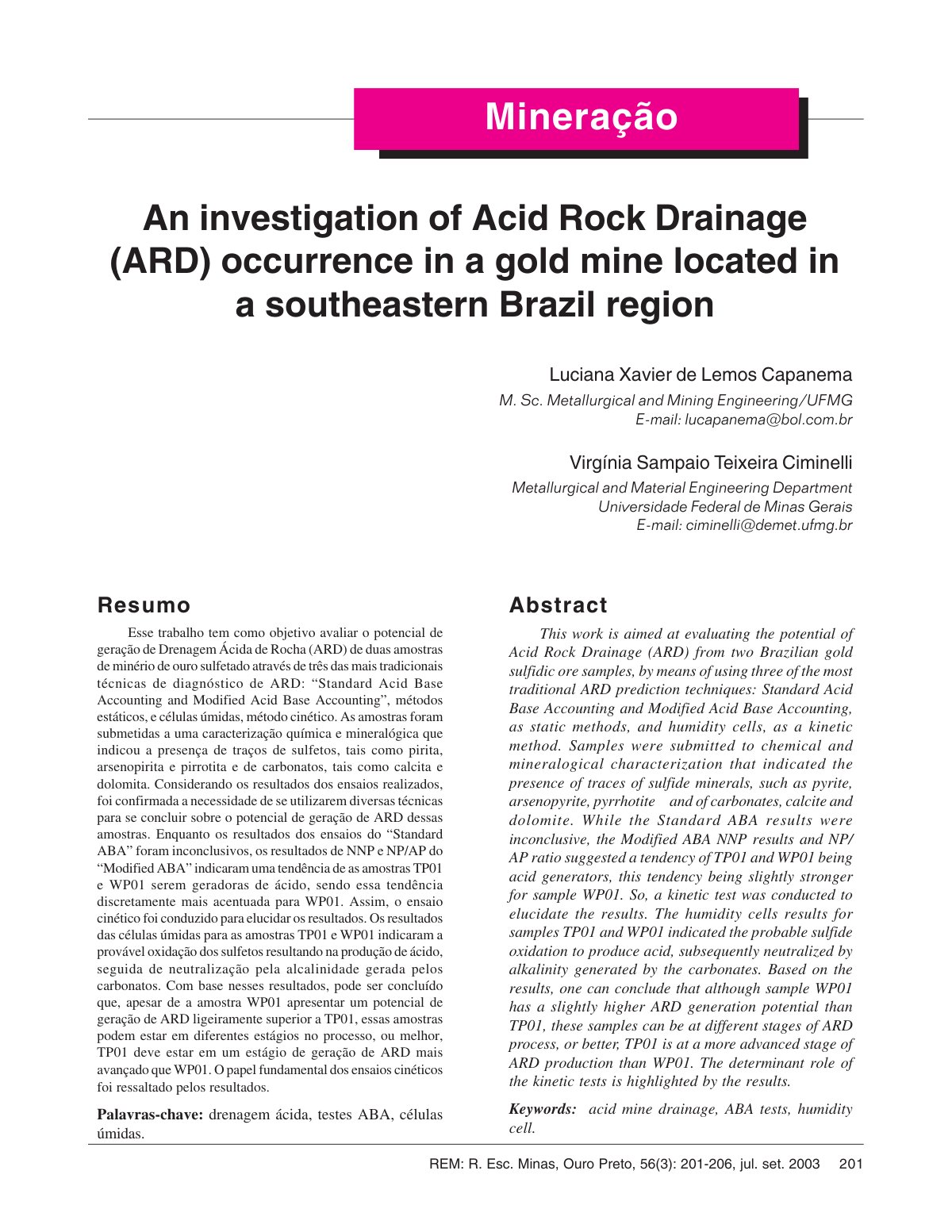 First page of Avaliação do potencial de geração de Drenagem Ácida de Rocha de duas amostras de minério de ouro sulfetado