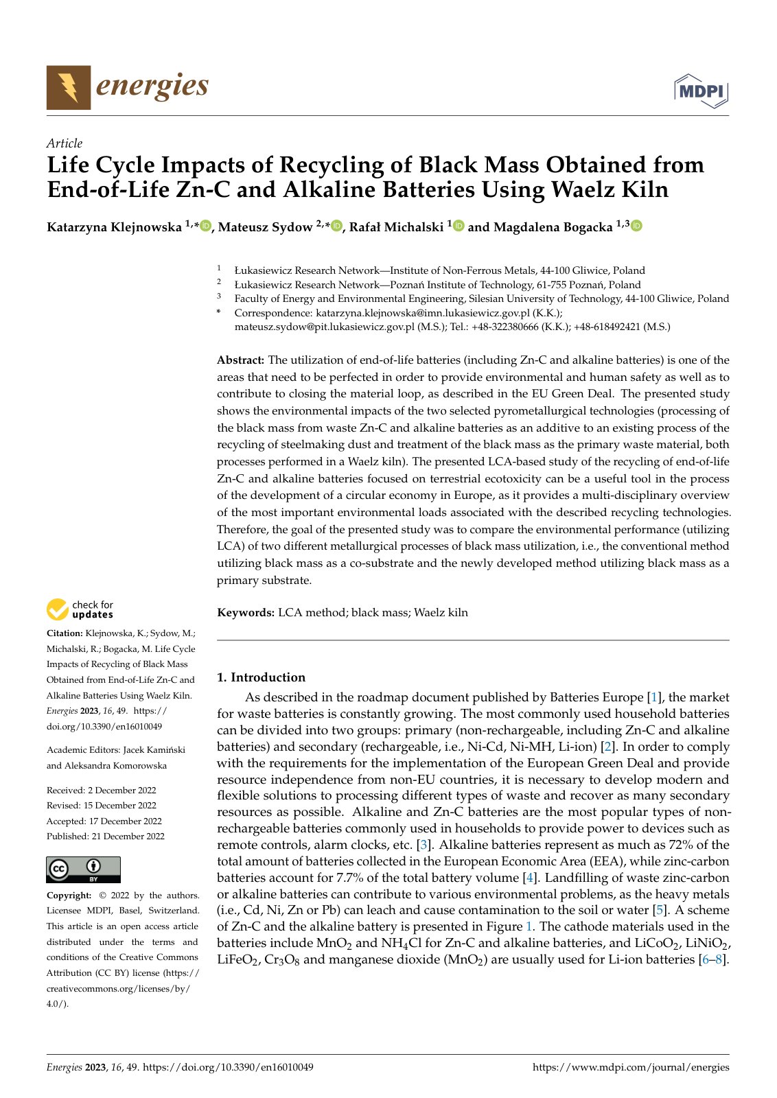 First page of Life Cycle Impacts of Recycling of Black Mass Obtained from End-of-Life Zn-C and Alkaline Batteries Using Waelz Kiln