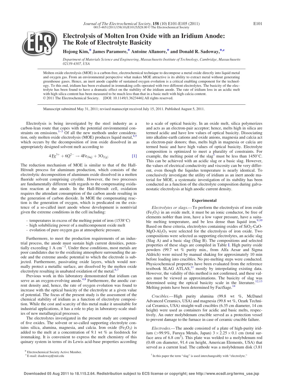 First page of Electrolysis of Molten Iron Oxide with a