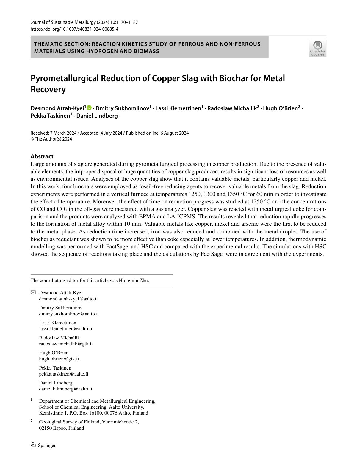 First page of 2024 Attah Kyei Pyrometallurgical Reduction Copper Slag Biochar