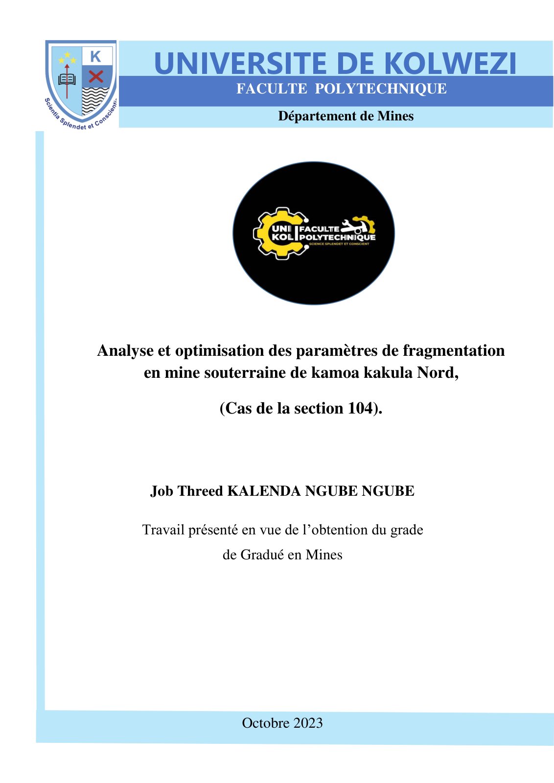 First page of Analyse et optimisation des paramètres de fragmentation en mine souterraine de kamoa kakula Nord, (Cas de la section 104).