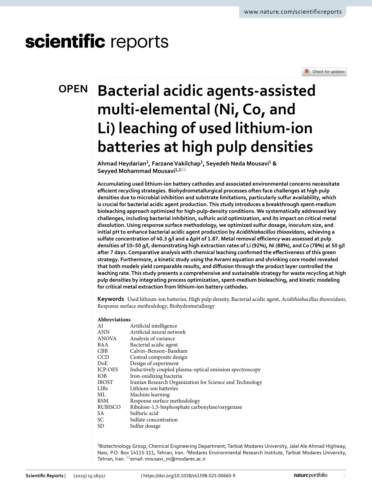 First page of 2025   Heydarian   Bioleaching of used lithium ion batteries at high pulp density