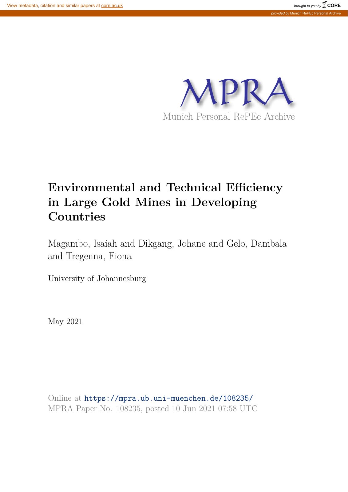 First page of Environmental and Technical Efficiency in Large Gold Mines in Developing Countries