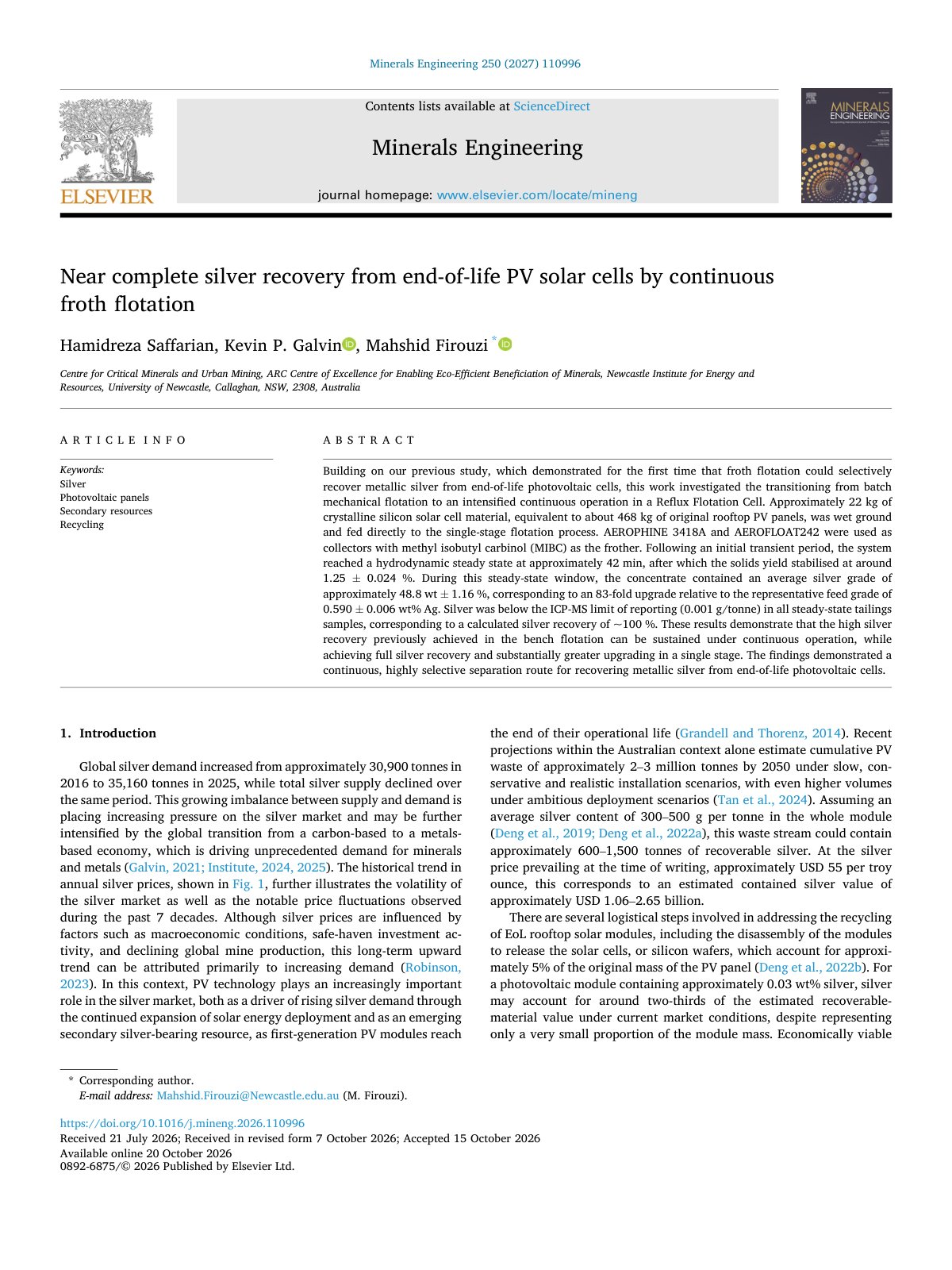 First page of Near complete silver recovery from end of life PV solar ce 2027 Minerals Eng