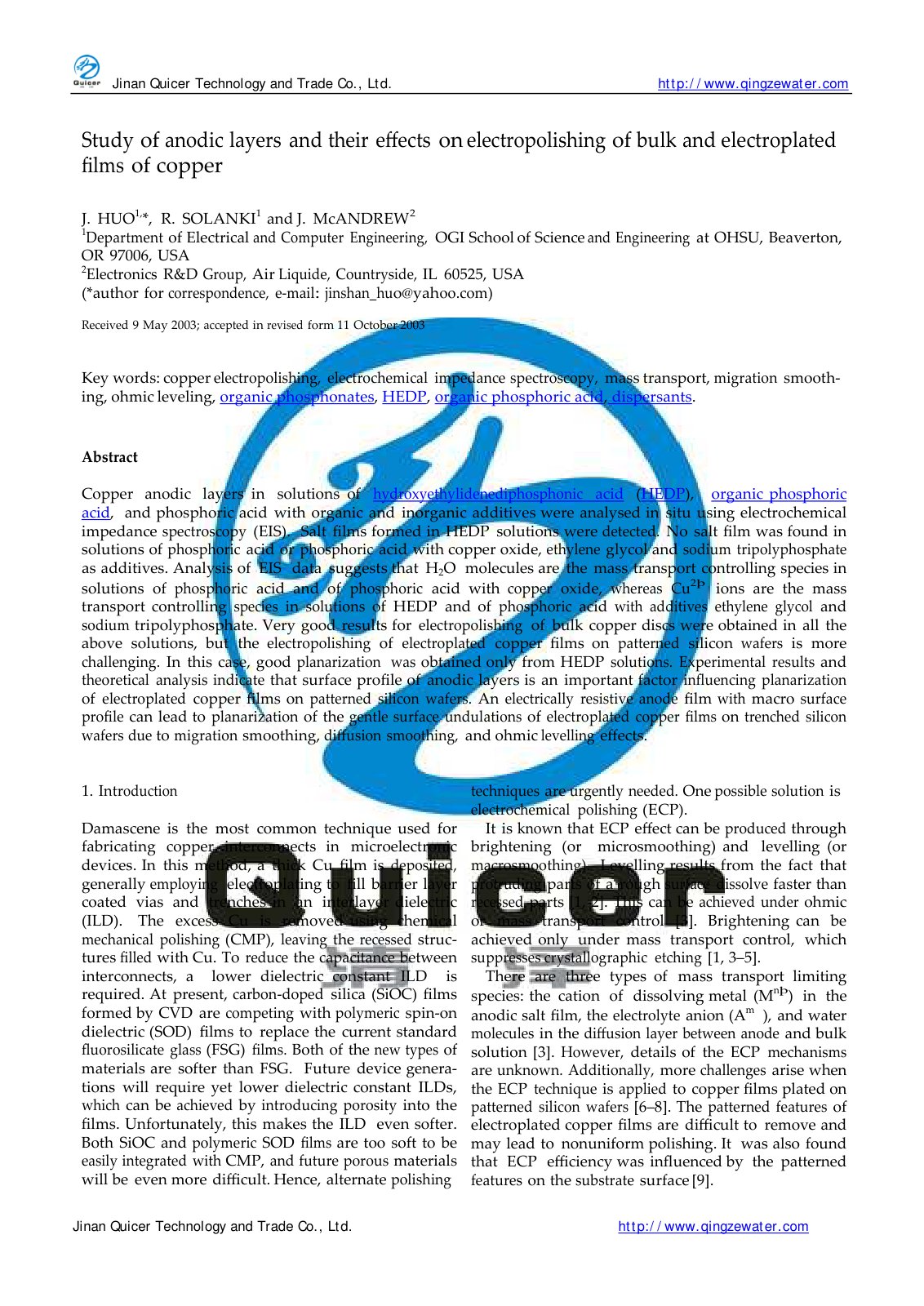 First page of Study of anodic layers and their effects on electropolishing of bulk and electroplated films of copper