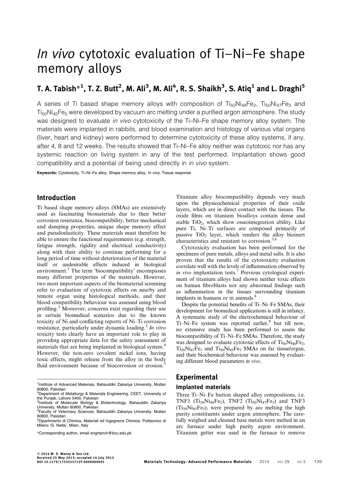 First page of In vivo cytotoxic evaluation of Ti–Ni–Fe shape memory alloys