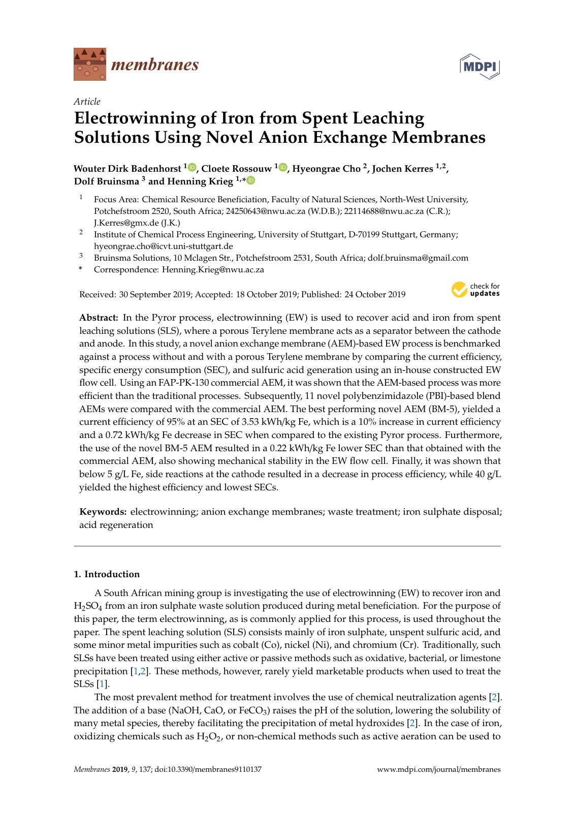 First page of Electrowinning of Iron from Spent Leachi