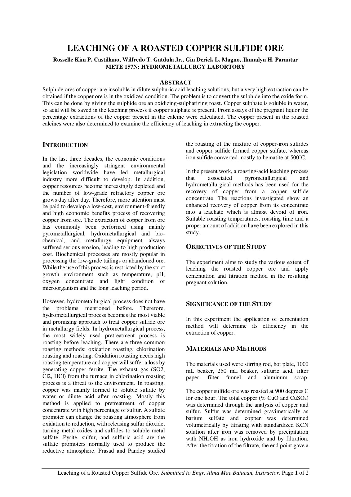 First page of Leaching of a Roasted Copper Sulfide Ore