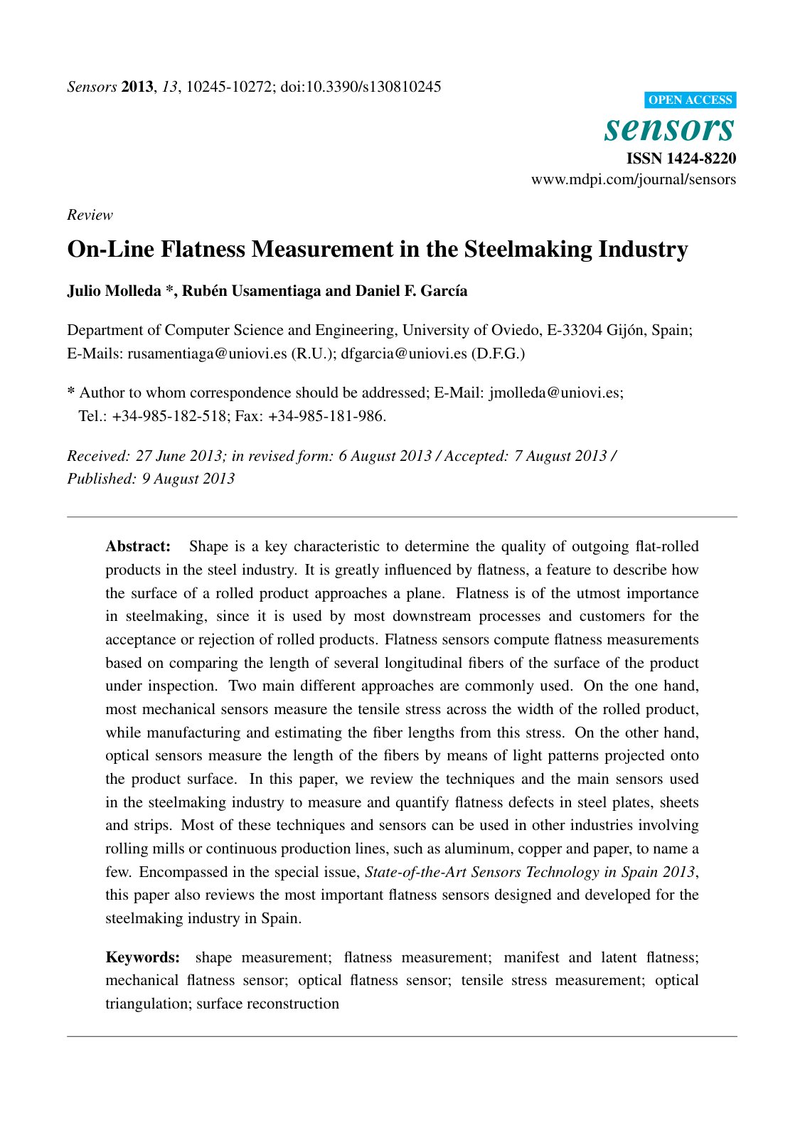 First page of 036 On Line Flatness Measurement in the Steelmaking Industry