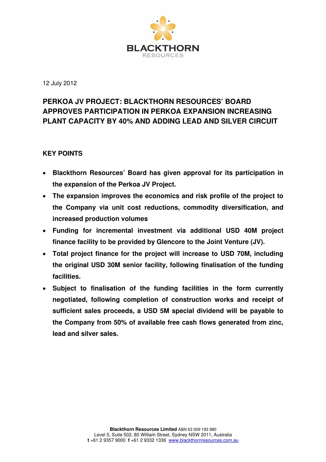 First page of asx btr approval to proceed with perkoa expansion 12jul12