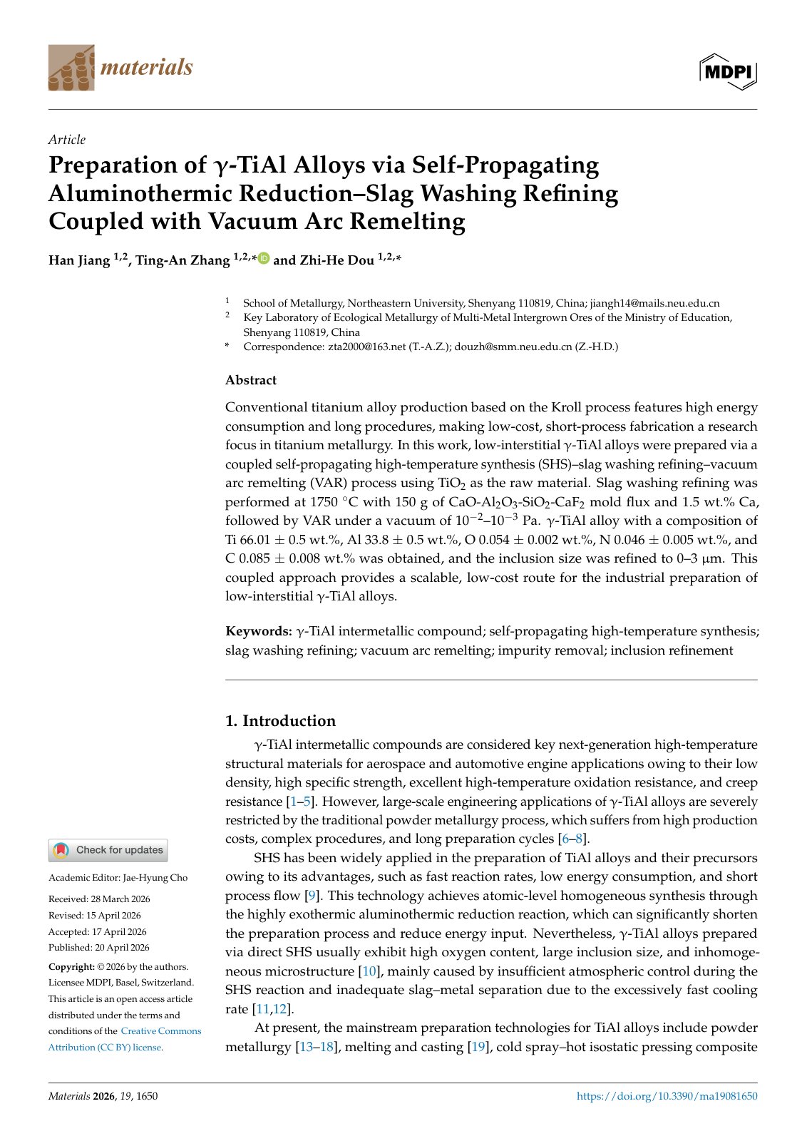 First page of 2026 Jiang Preparation of TiAl Alloys via Self Propagating Aluminothermic Reduction Slag Washing Refining Coupled with Vacuum 