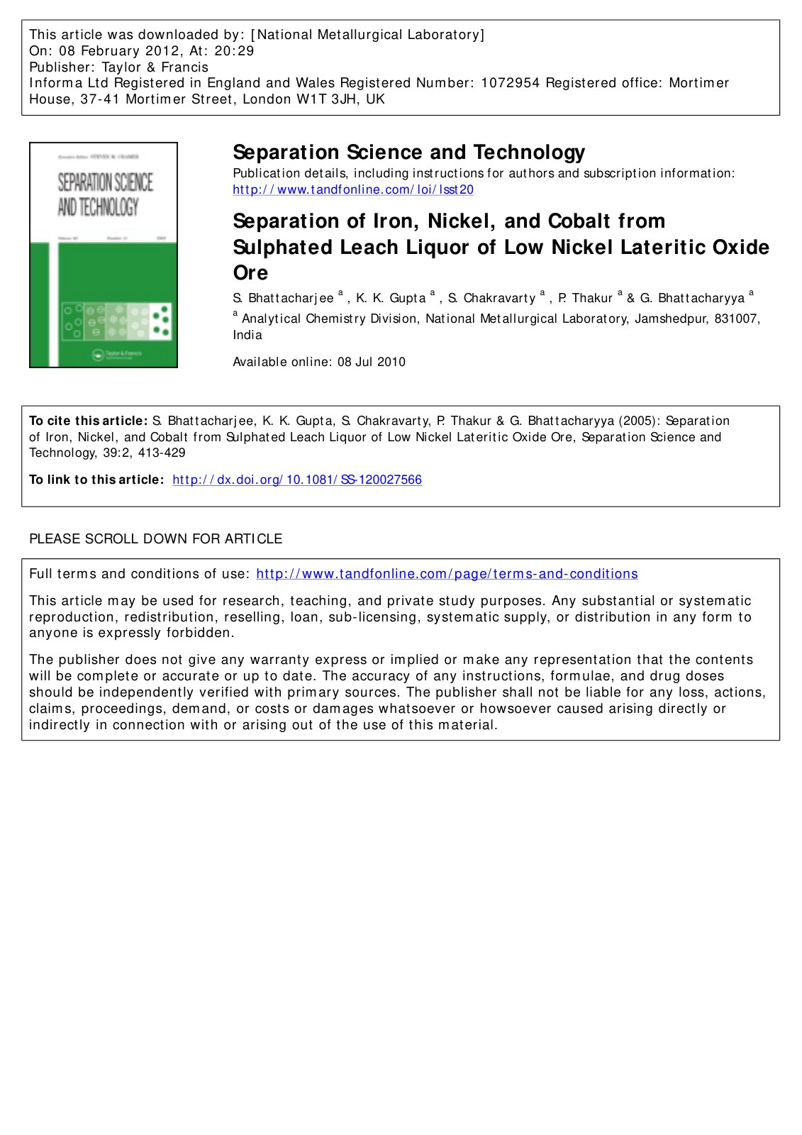First page of Separation of Iron, Nickel, and Cobalt from Sulphated Leach Liquor of Low Nickel Lateritic Oxide Ore