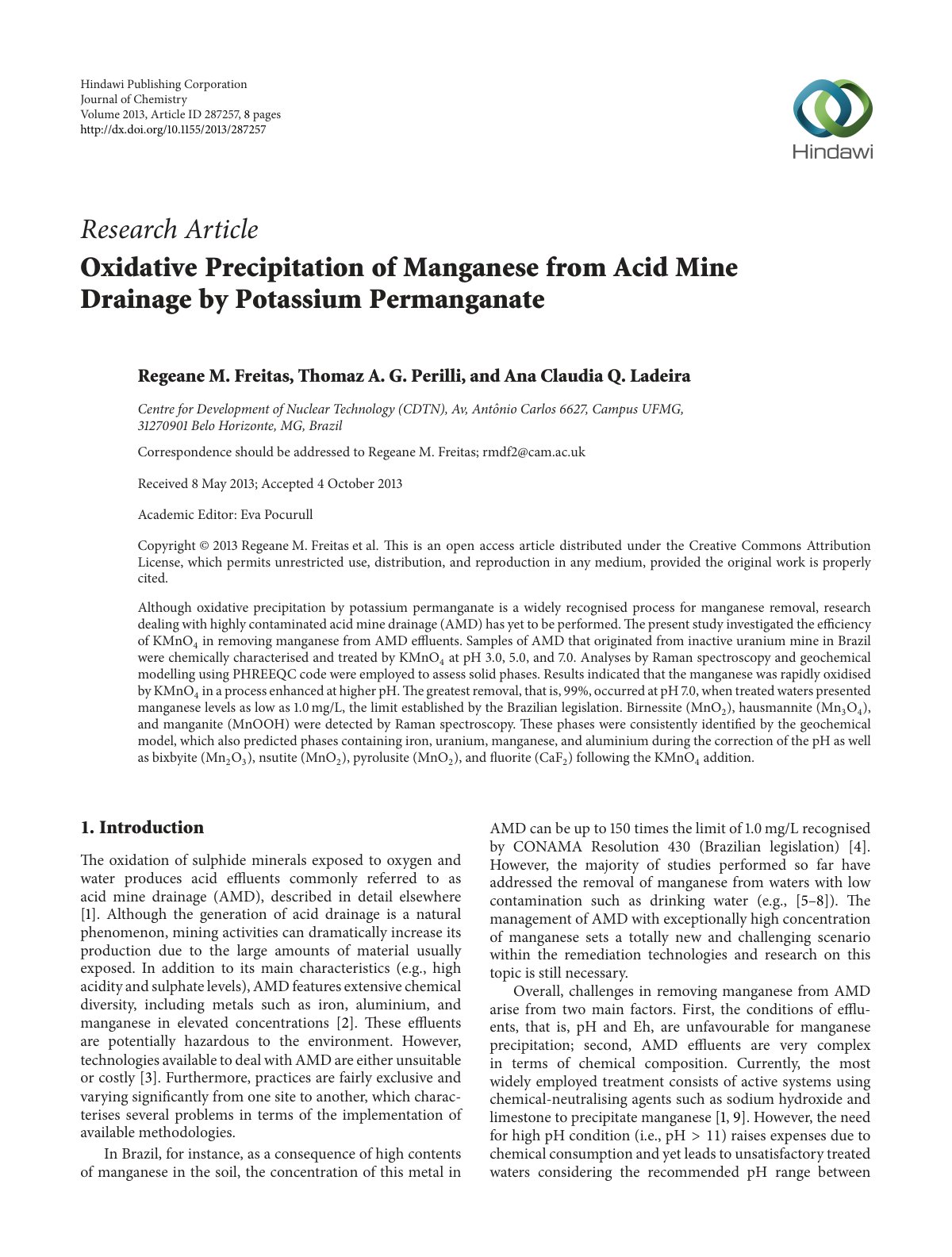 First page of Oxidative Precipitation of Manganese fro