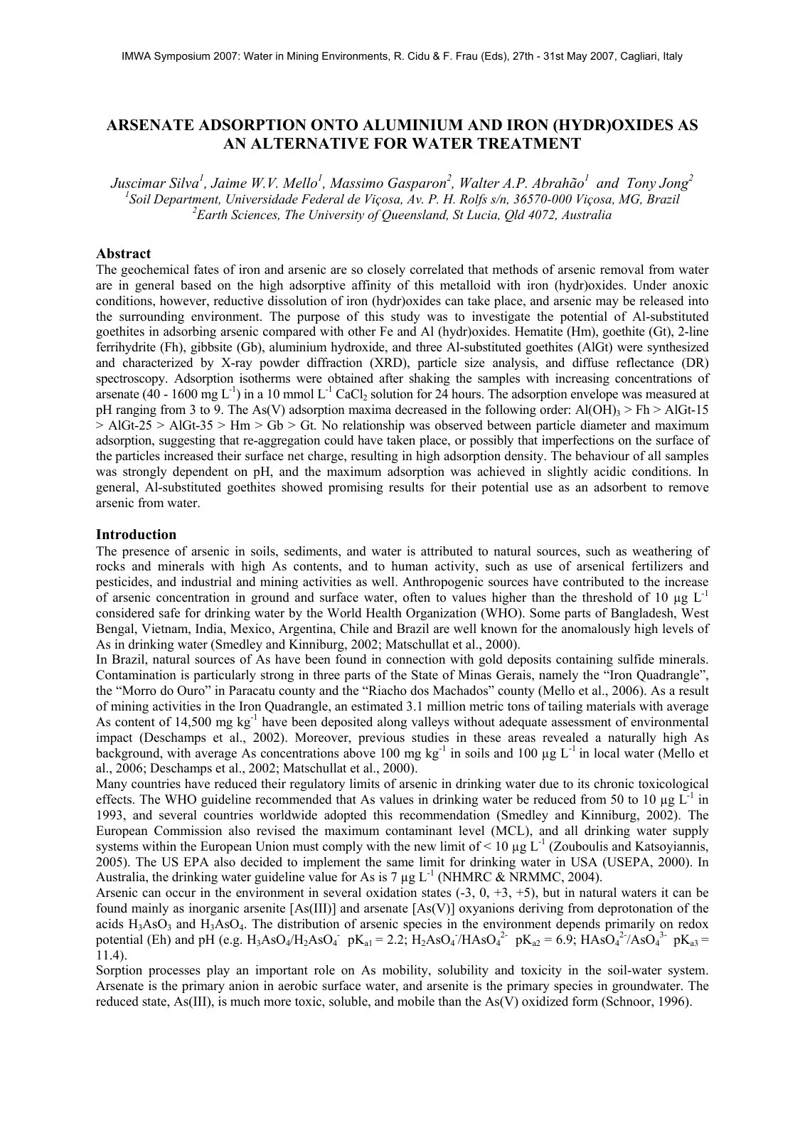 First page of ARSENATE ADSORPTION ONTO ALUMINIUM AND I