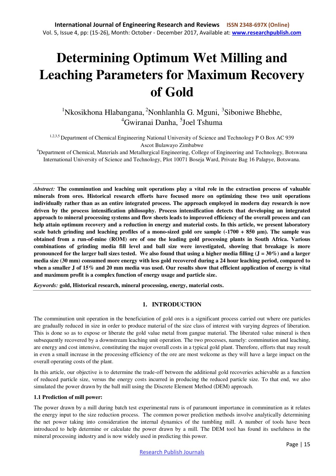 First page of Determining Optimum Wet Milling and Leac