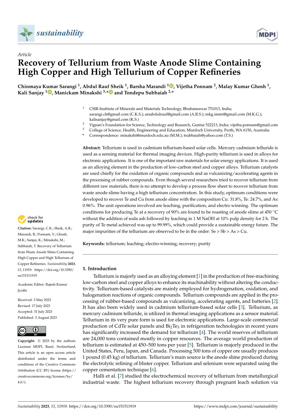 First page of Recovery of Tellurium from Waste Anode S