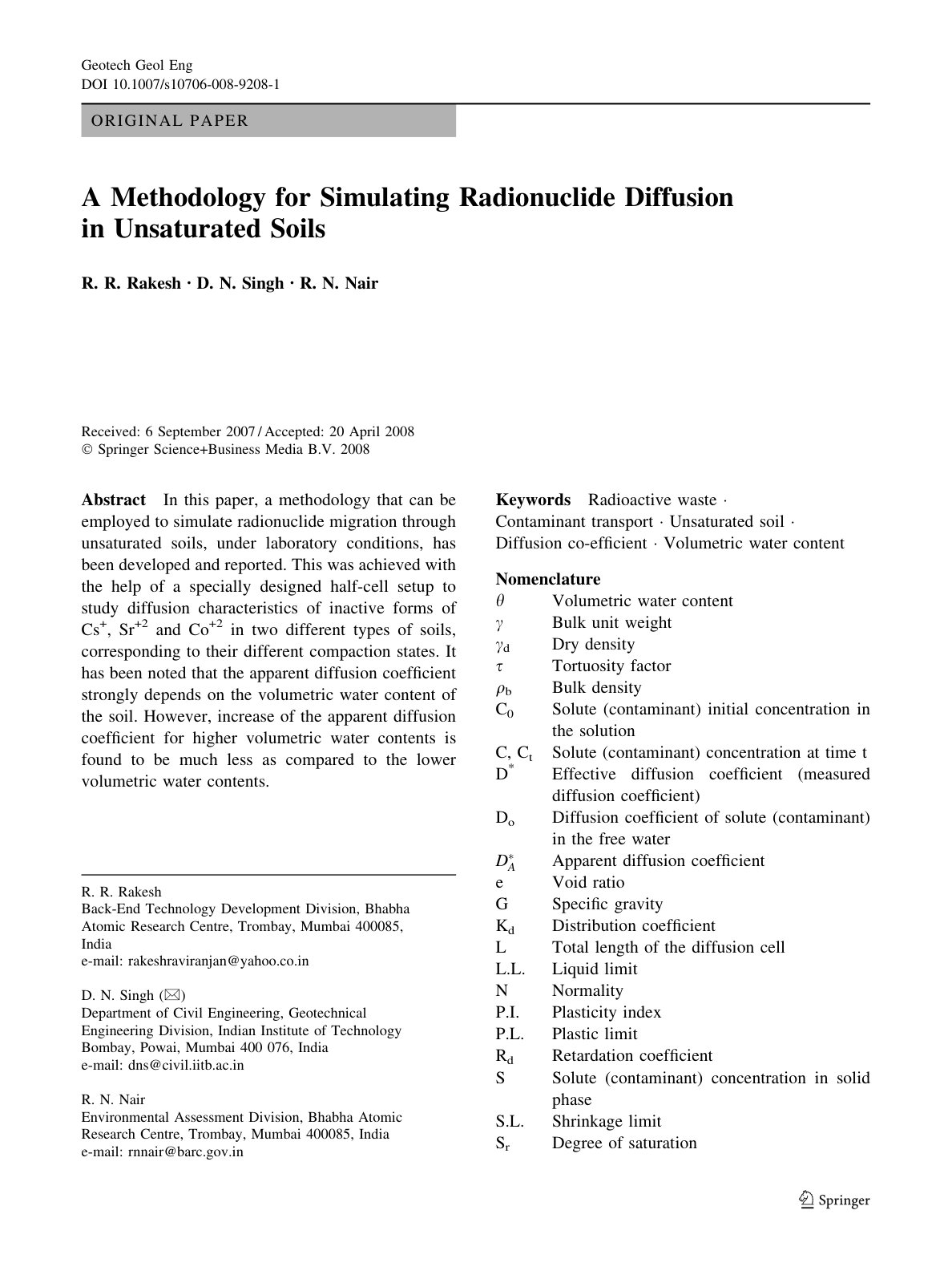 First page of A Methodology for Simulating Radionuclide Diffusion in Unsaturated Soils