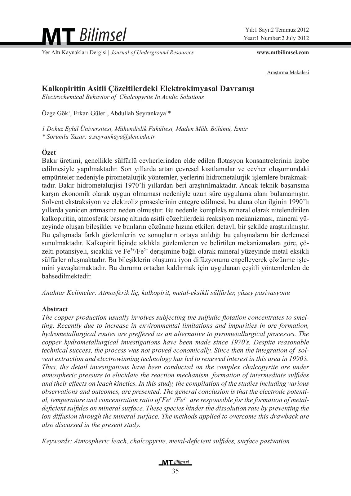 First page of Kalkopiritin Asitli Çözeltilerdeki Elektrokimyasal Davranışı