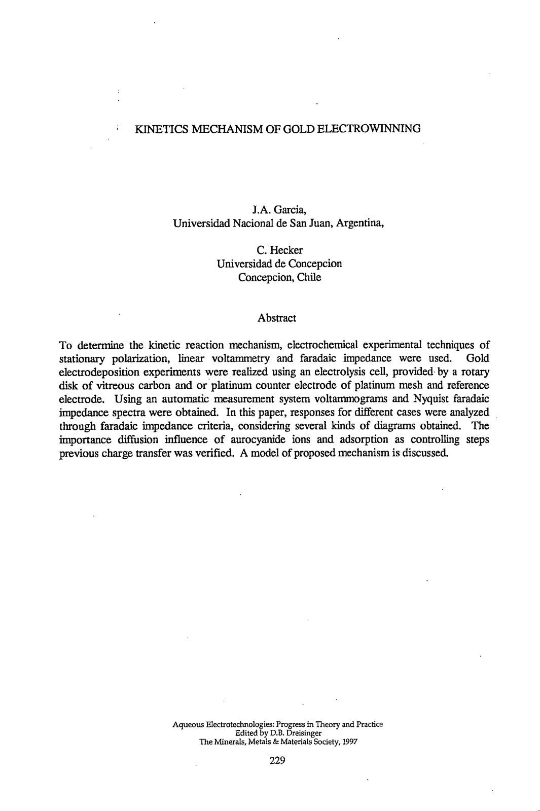 First page of KINETICS MECHANISM OF GOLD ELECTROWINNING