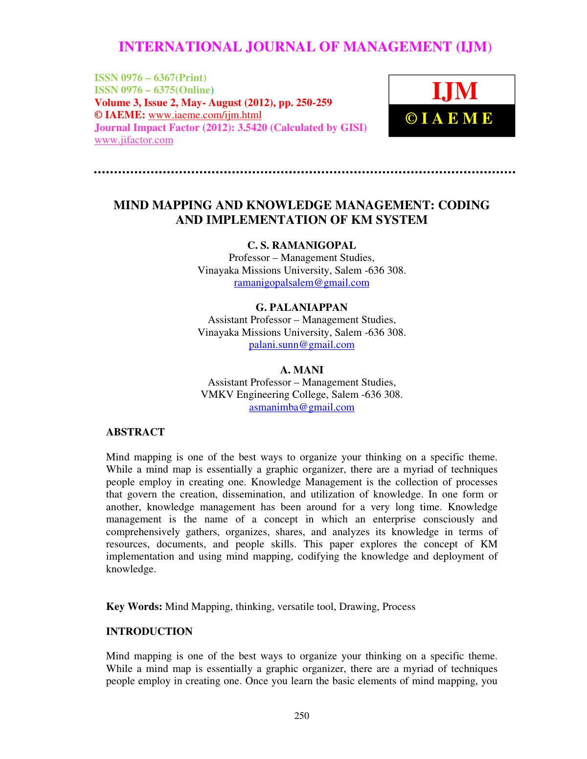 First page of MIND MAPPING AND KNOWLEDGE MANAGEMENT: CODING AND IMPLEMENTATION OF KM SYSTEM