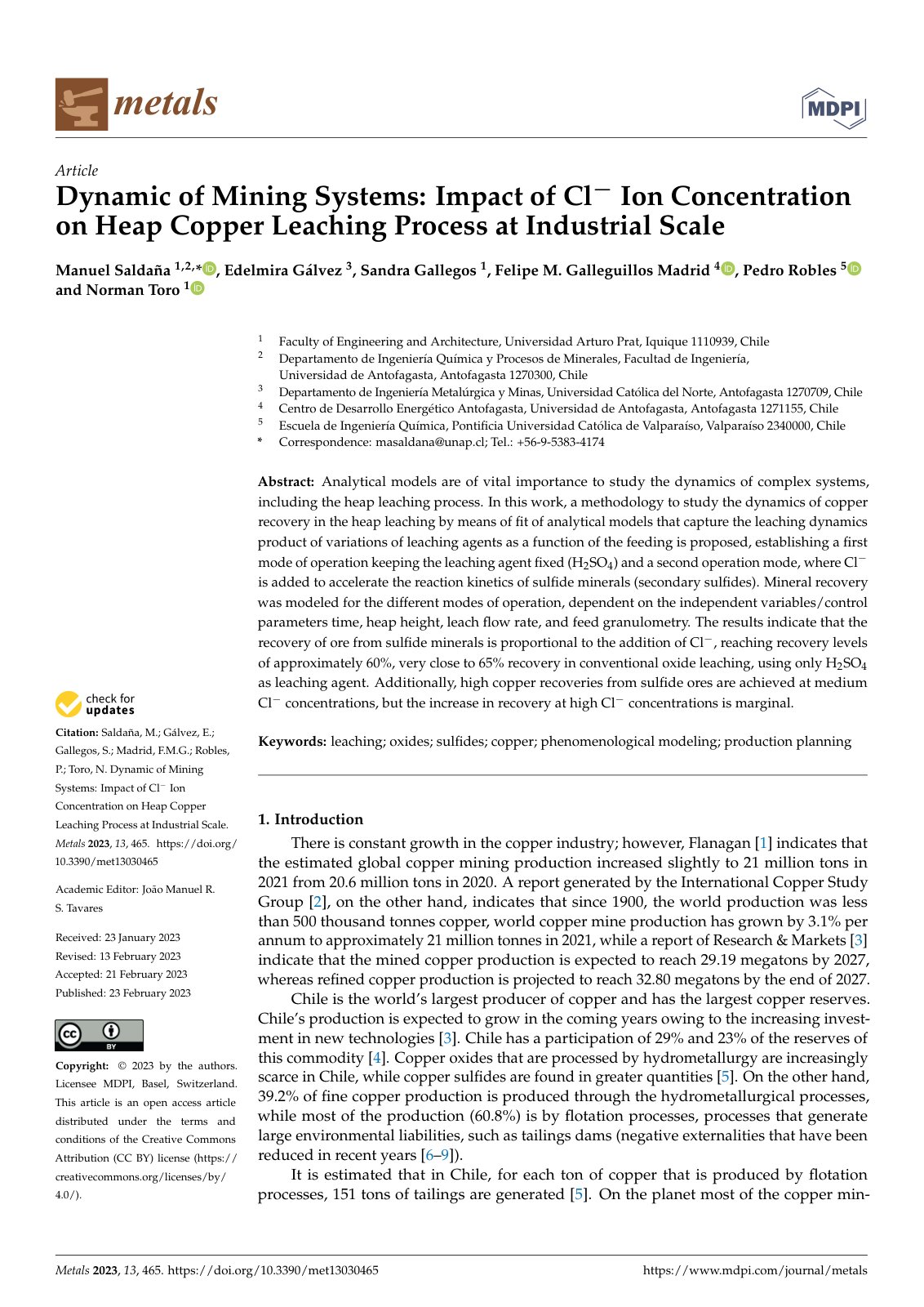 First page of Dynamic of Mining Systems: Impact of Cl− Ion Concentration on Heap Copper Leaching Process at Industrial Scale