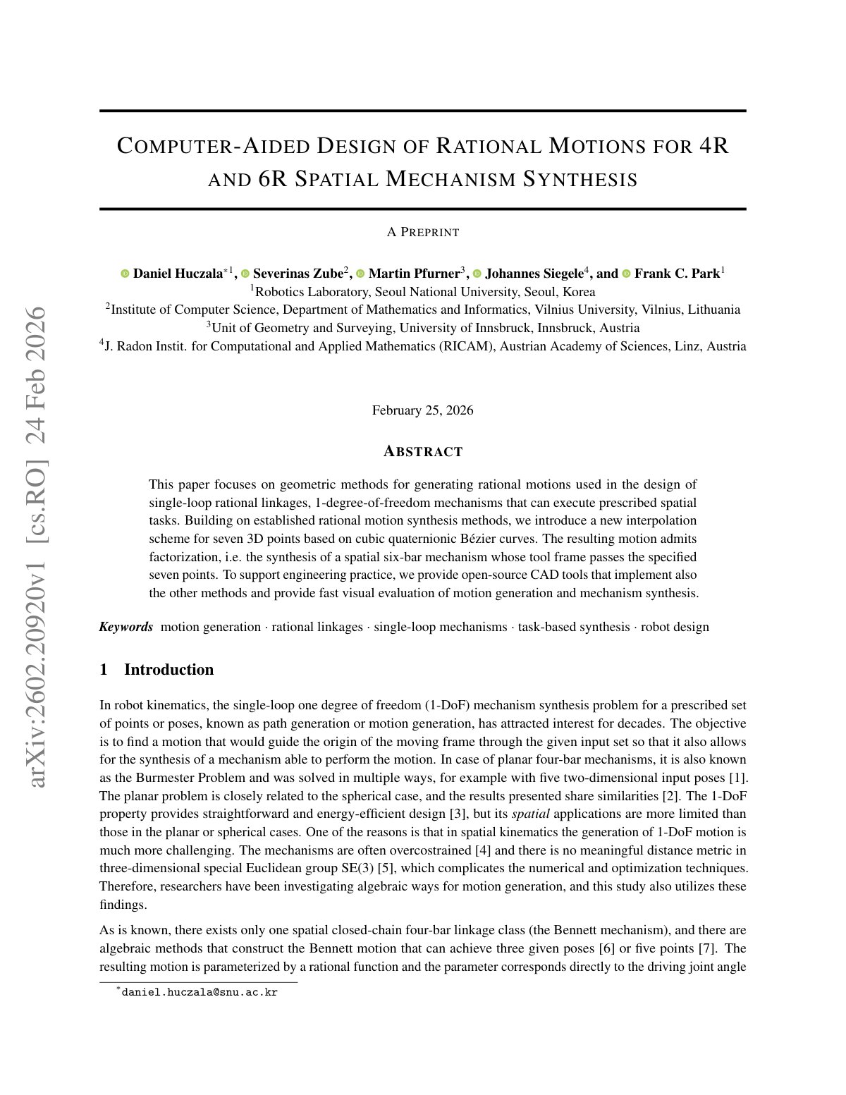 First page of 2026 Huczala CAD Rational Motions Mechanism Synthesis