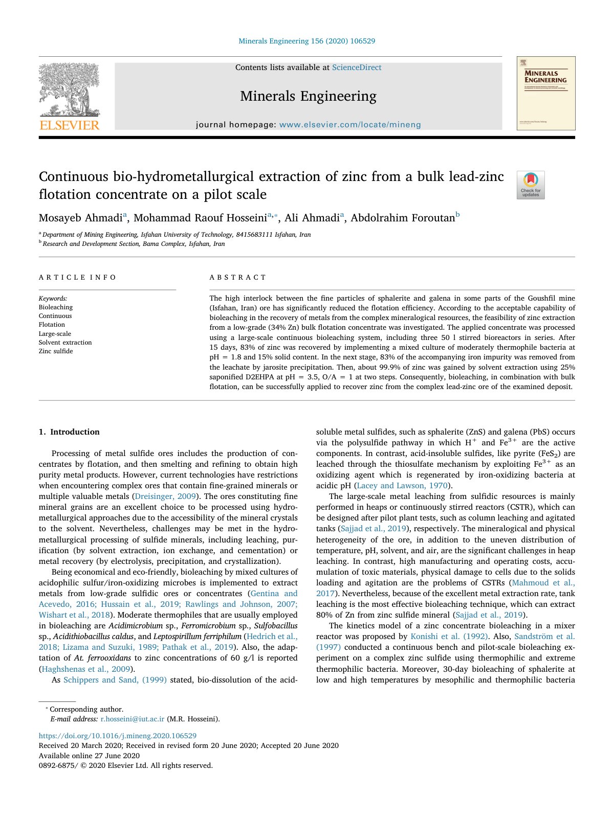 First page of Continuous bio hydrometallurgical extraction of zinc from a  2020 Minerals E