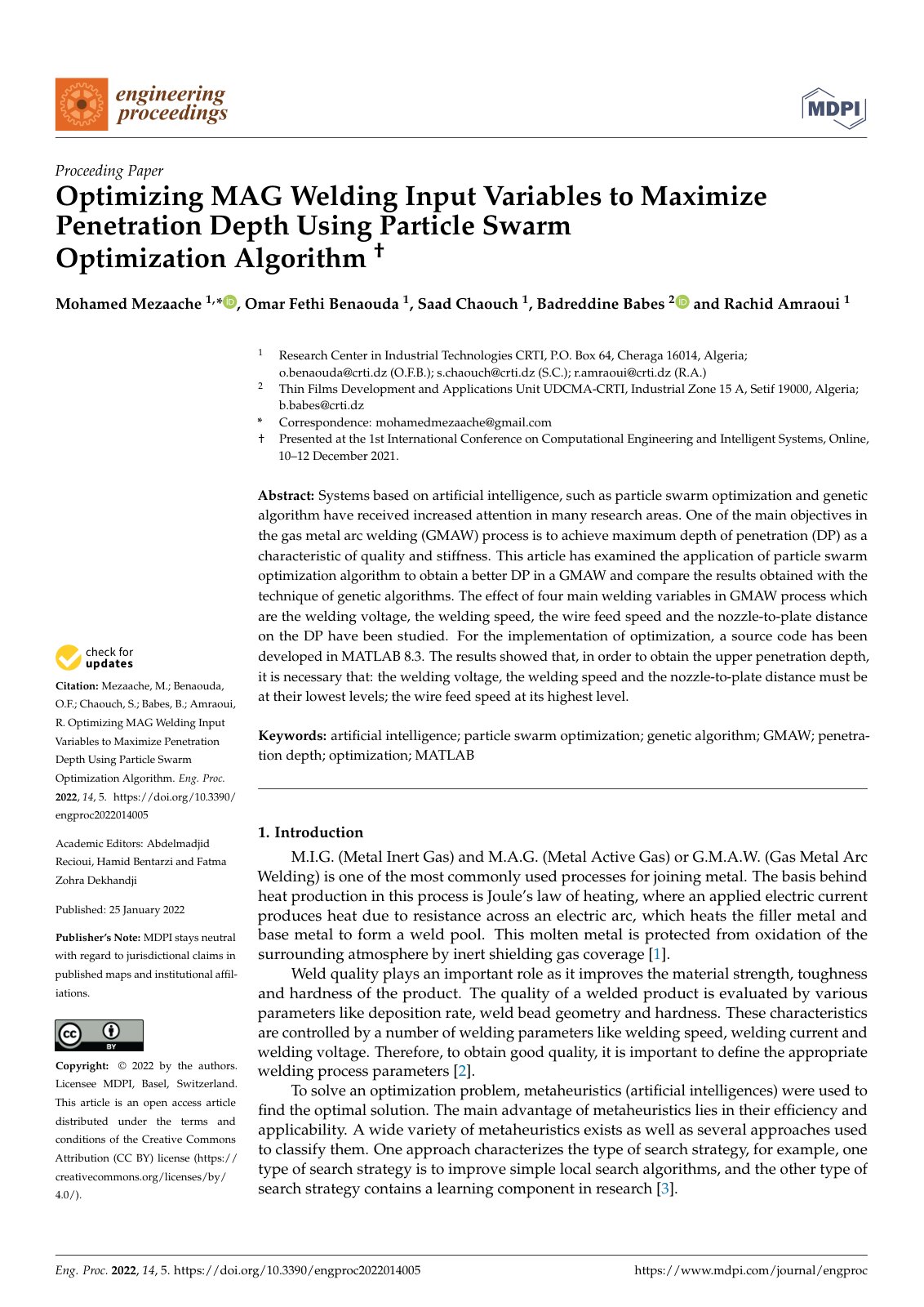 First page of Optimizing MAG Welding Input Variables to Maximize Penetration Depth Using Particle Swarm Optimization Algorithm "2279